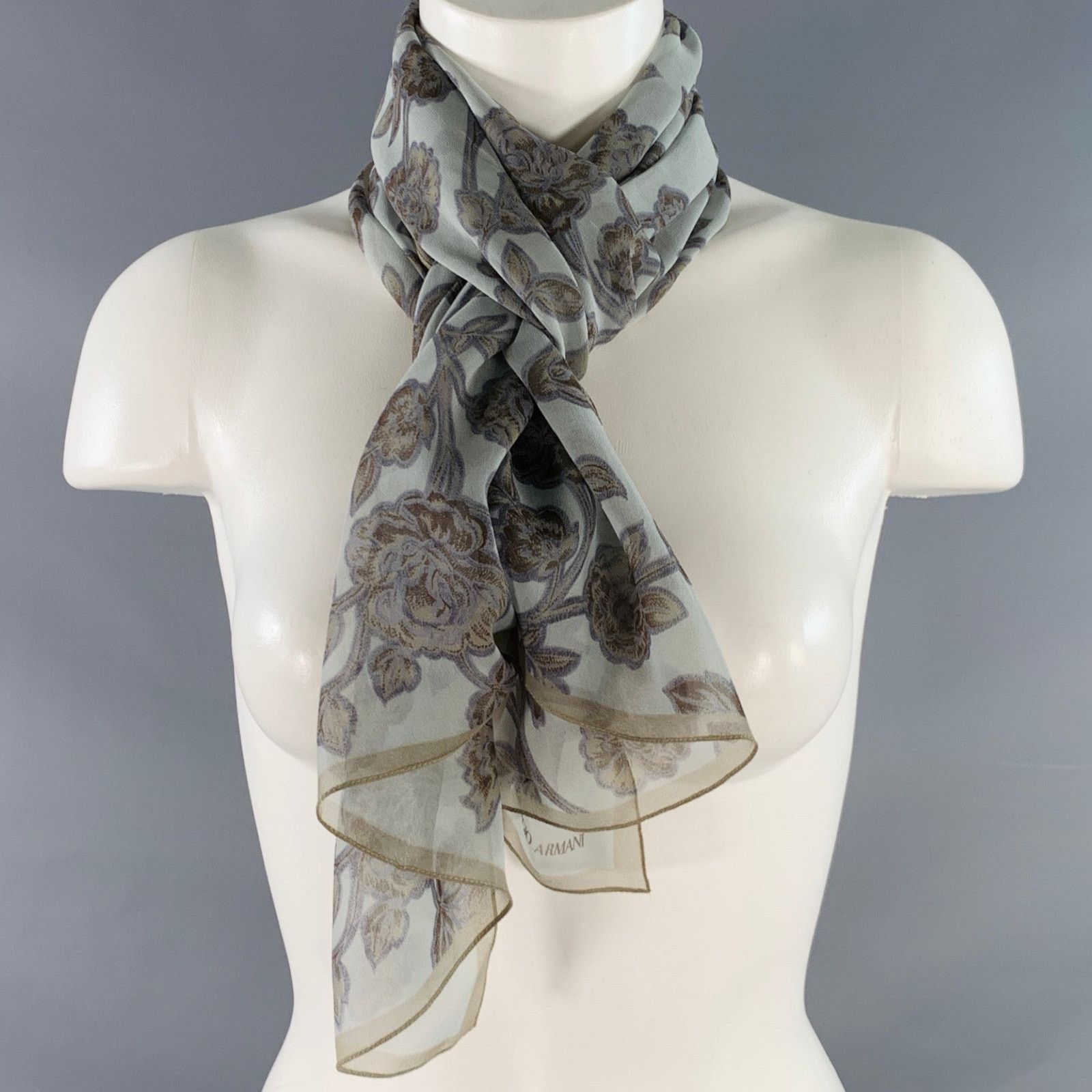 Giorgio Armani GIORGIO ARMANI Grey Blue Floral Silk Scarf Shawl Size ONE SIZE - 6 Thumbnail