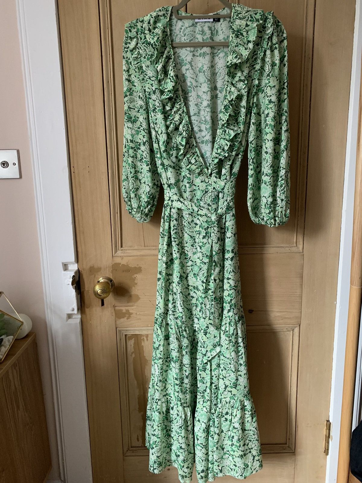 Image of Rixo Frida Ruffled Floral Crepe Wrap Midi To Long Dress in Green, Women's (Size Small)