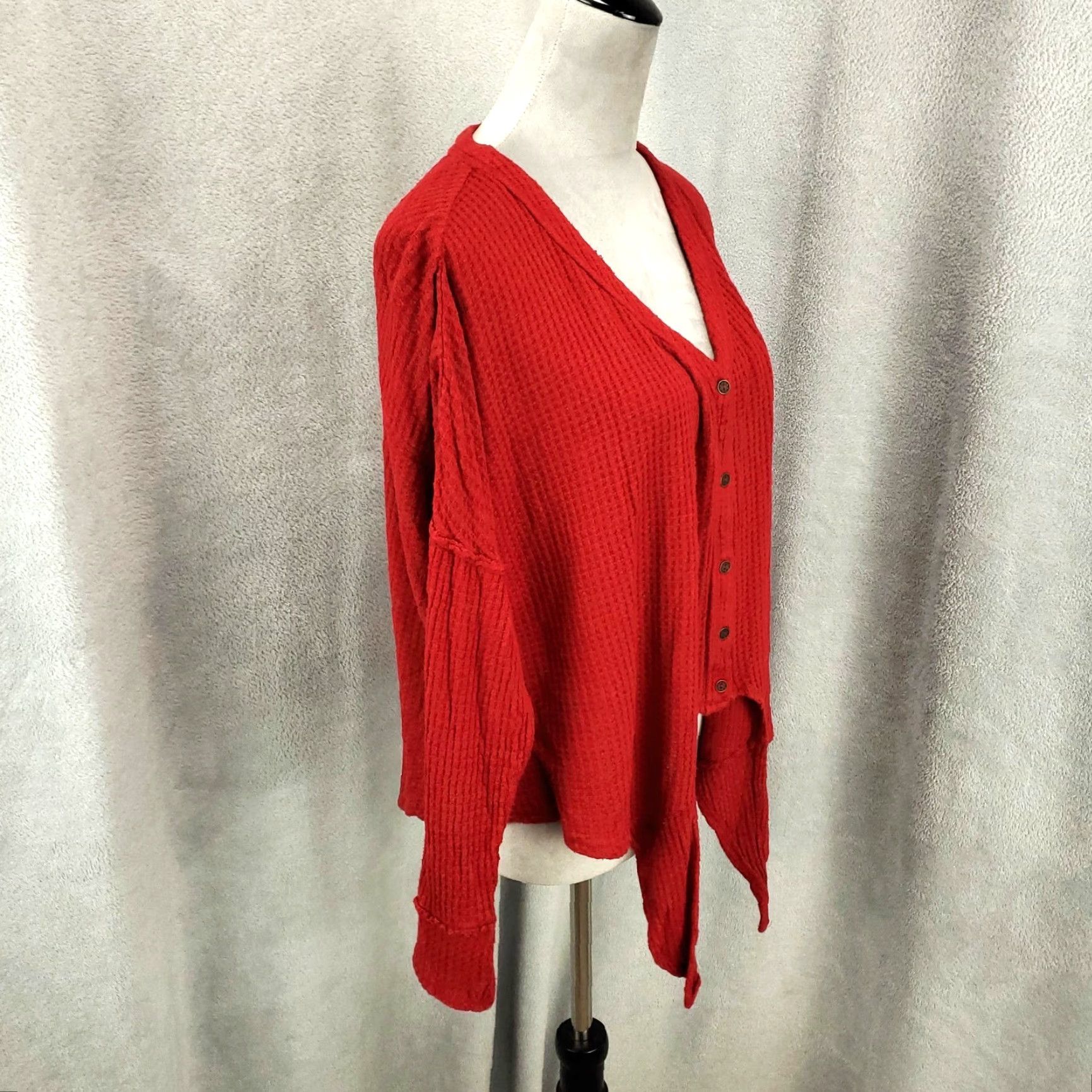 Vintage Womens Top Blouse Shirt Oversized Large Button Up V-Neck Lace Accent Boho Flowy Knit Waffle Knit Knox Rose Red Size L Size L / US 10 / IT 46 - 7 Thumbnail