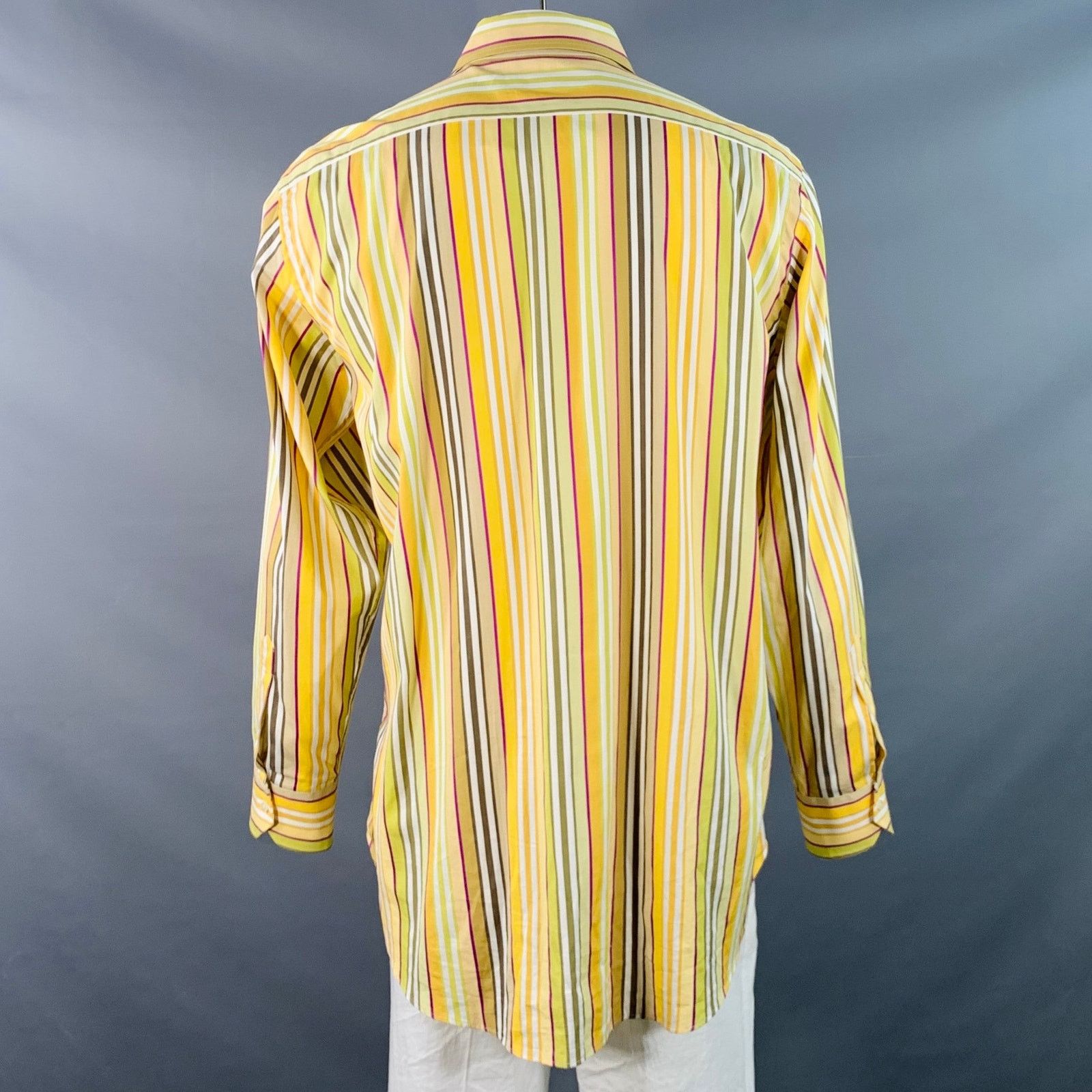 Etro ETRO Yellow Green White Stripe Cotton Curved Cutaway Shirt Size US XL / EU 56 / 4 - 4 Thumbnail