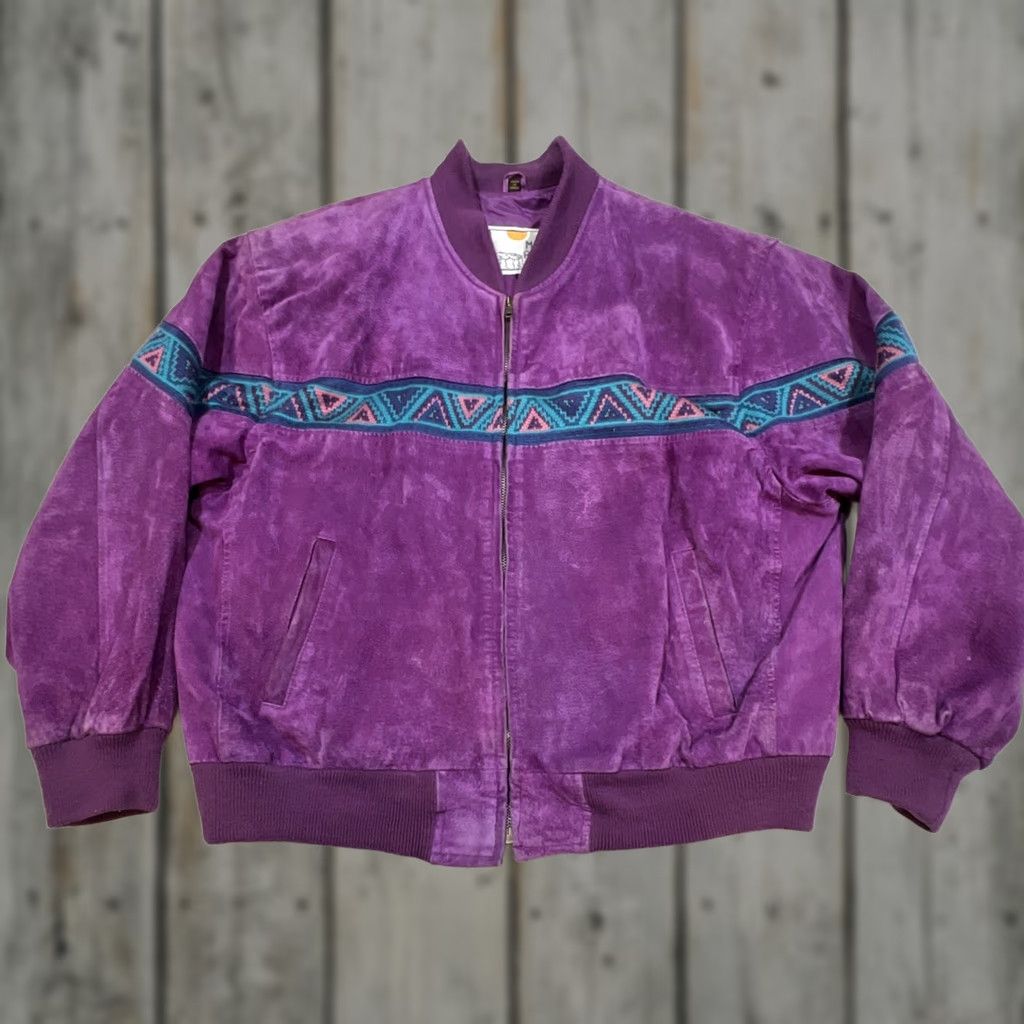 Vintage VINTAGE Mesa Ridge Purple Suede Leather Jacket L Aztec Geometric Stripe Zip Up Women Bomber Jacket Size L / US 10 / IT 46 - 1 Thumbnail