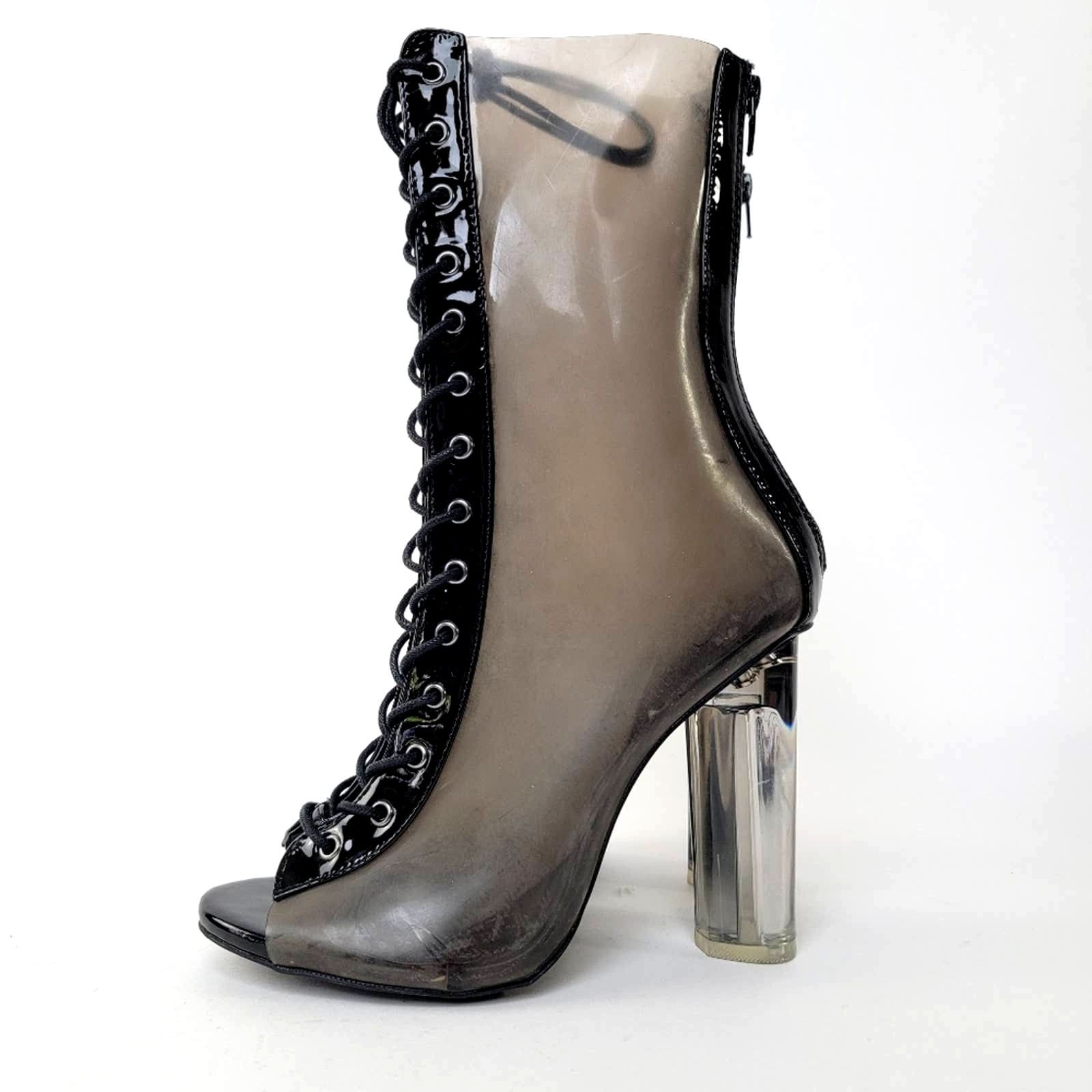 Vintage Y2k Wild Diva Clear Chunky Smoke Black Lace Up Heel Boots Size US 7.5 / IT 37.5 - 2 Thumbnail