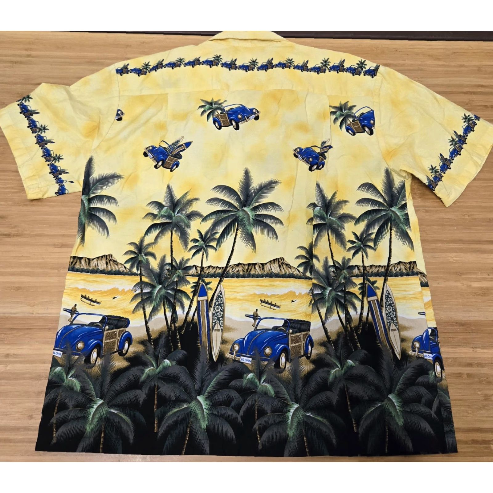 Vintage KY'S Shirt Mens Large Hawaiian Aloha Camp Made in Hawaii Palm Trees Surfboards Graphic Print Cotton Short Sleeve Button-Up Collared Camp Shirt Yellow Size US L / EU 52-54 / 3 - 5 Thumbnail