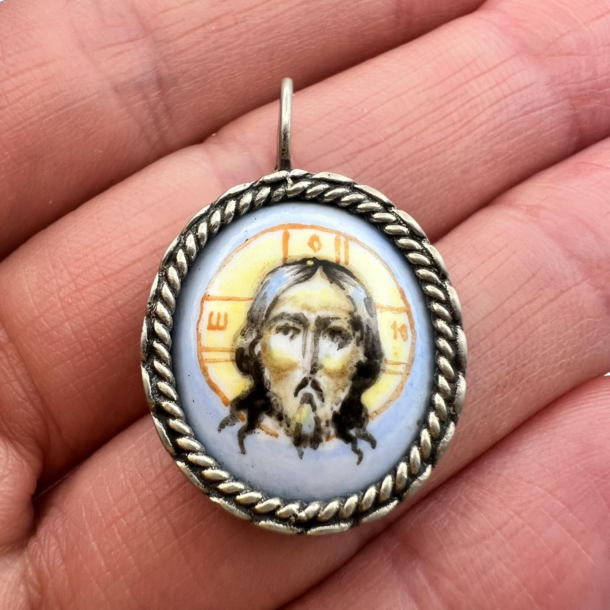 Sterling Silver Vintage Silver Christian Pendant Icon Enamel Porcelain Jesus Size ONE SIZE - 1 Thumbnail