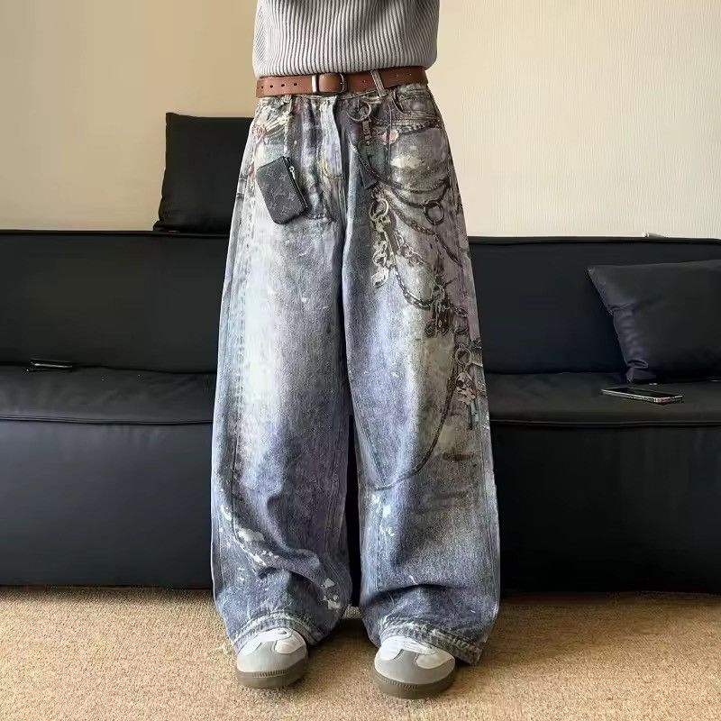Jean Heavy Streetwear Wide Leg 3D Print Design Pants Jeans Size US 30 / EU 46 - 2 Thumbnail