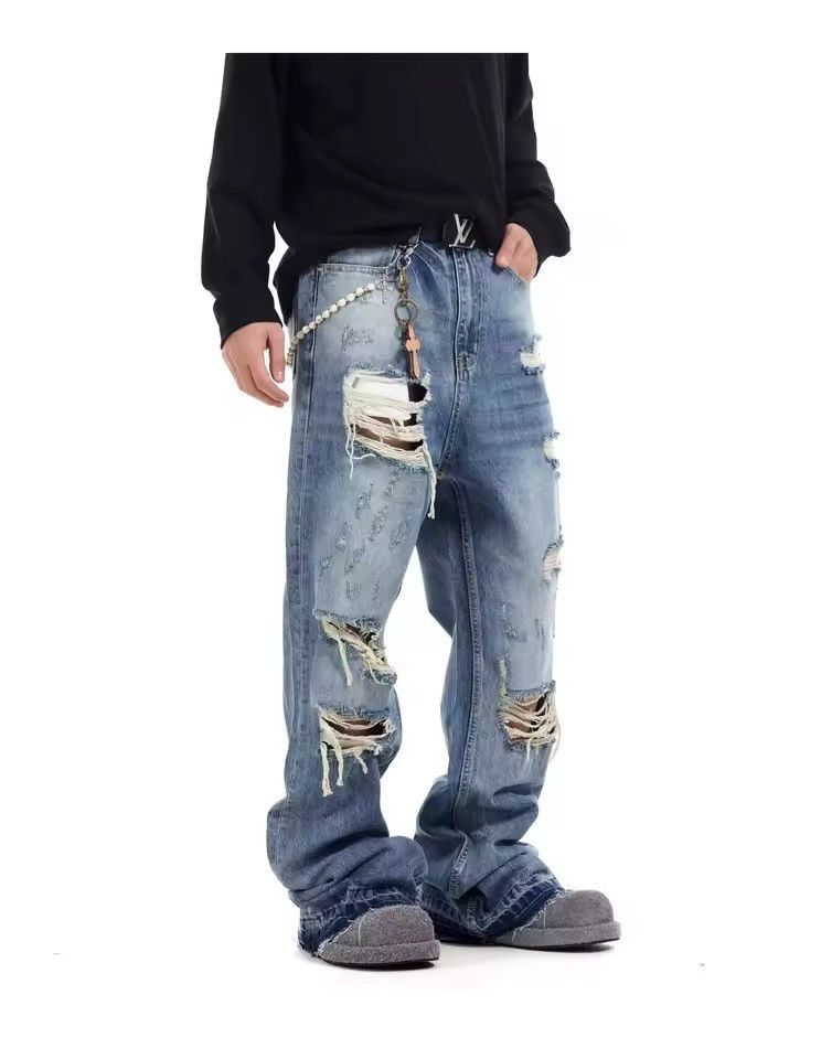 Japanese Brand Streetwear Straight Distressed Blue Y2k Holes Jeans Swag Size US 28 / EU 44 - 2 Thumbnail
