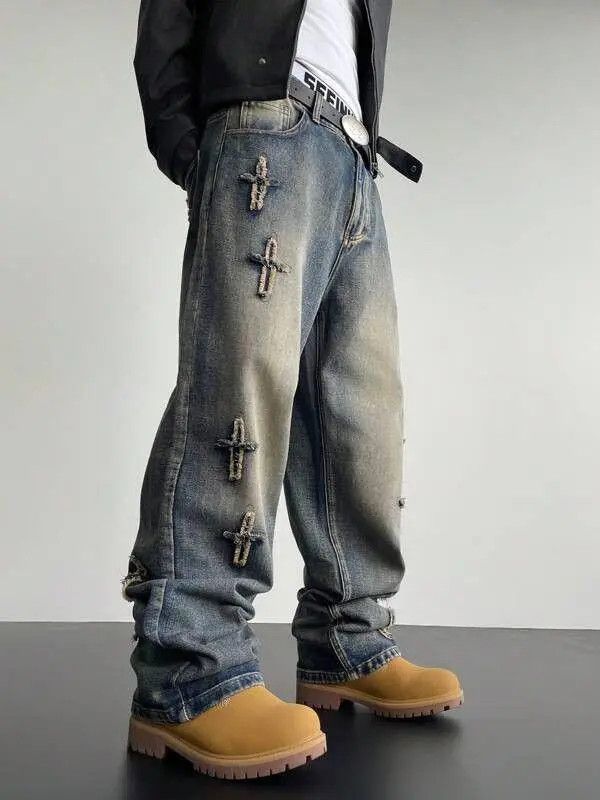 VIBE Cross Embroidery Baggy Wide Leg Jeans Size US 30 / EU 46 - 6 Thumbnail