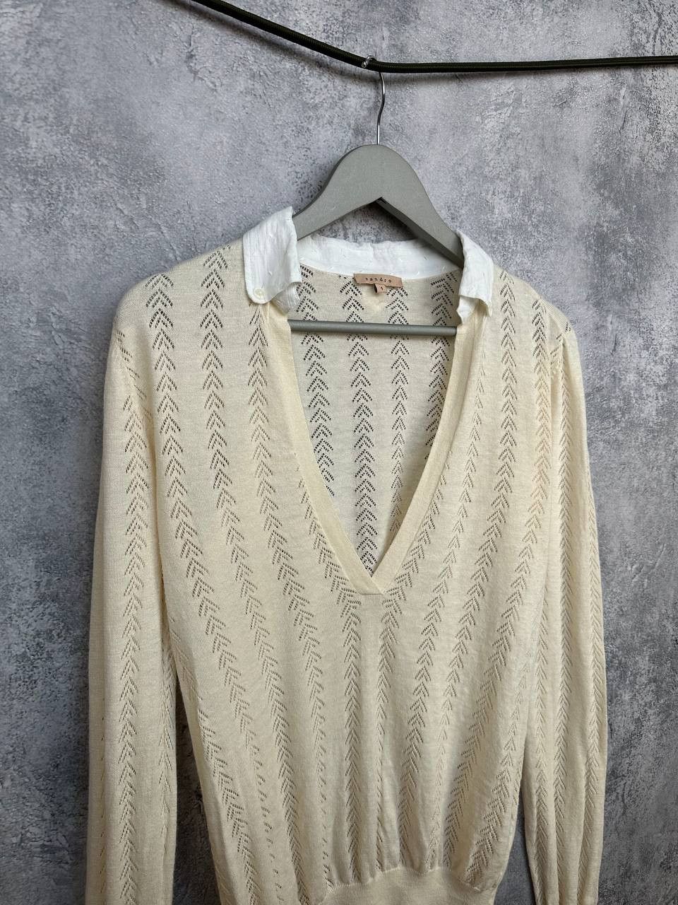 Sandro Sandro Paris Linen Pointelle Knit Sweater Shirt Collar Size S / US 4 / IT 40 - 3 Thumbnail
