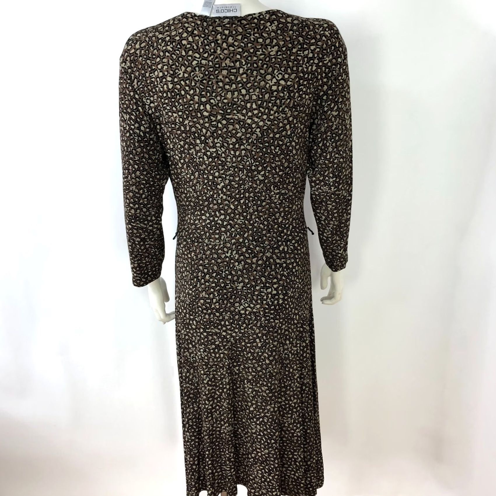 Vintage Chico's Travelers A-Line Faux Wrap Midi Dress Animal Print Brown Women's Slinky 1 V-Neck Long Sleeve Casual Travel Size XS / US 0-2 / IT 36-38 - 4 Thumbnail