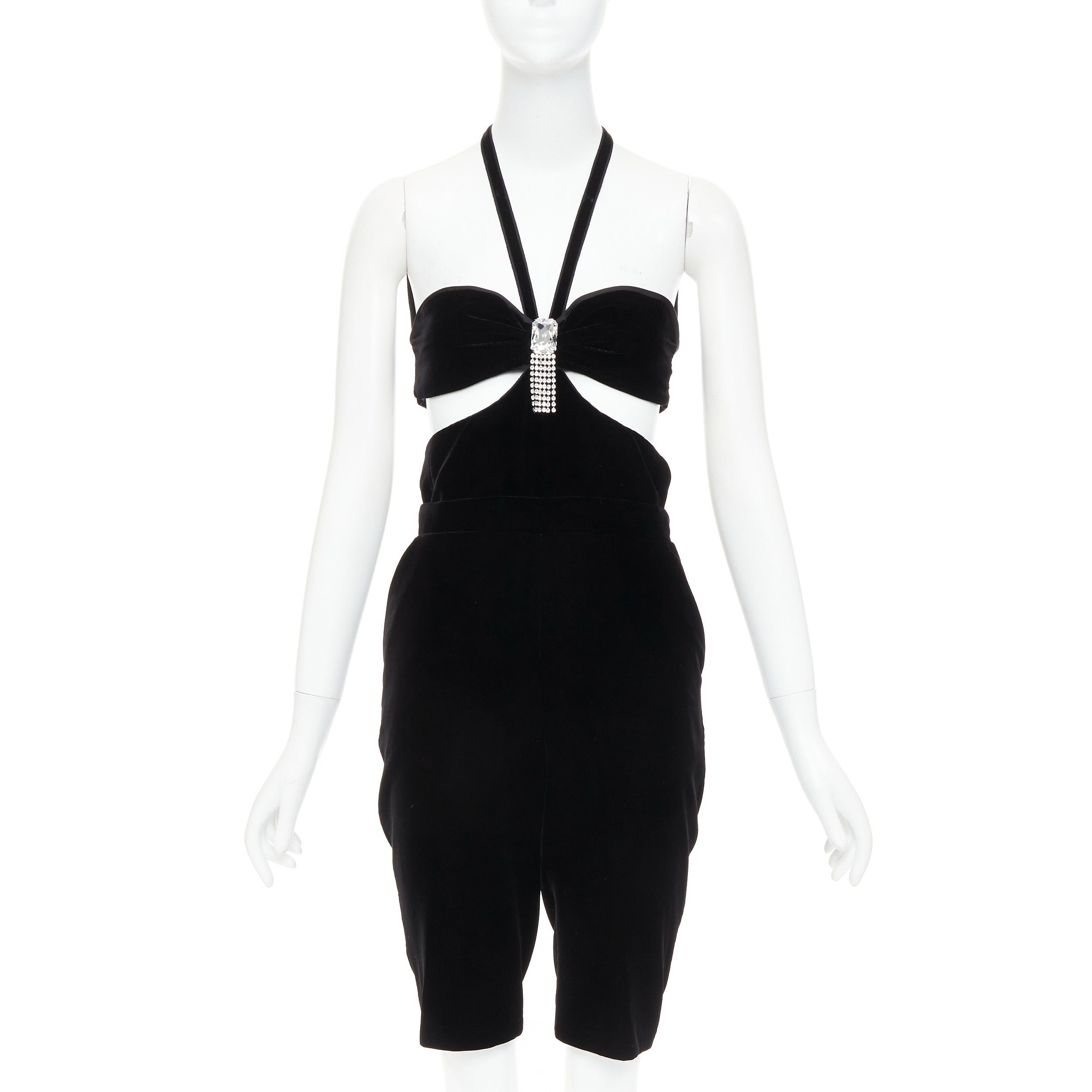 Saint Laurent Paris SAINT LAURENT 2022 Runway black velvet crystal brooch cut out romper playsuit FR36 S Size 27" / US 4 / IT 40 - 1 Thumbnail