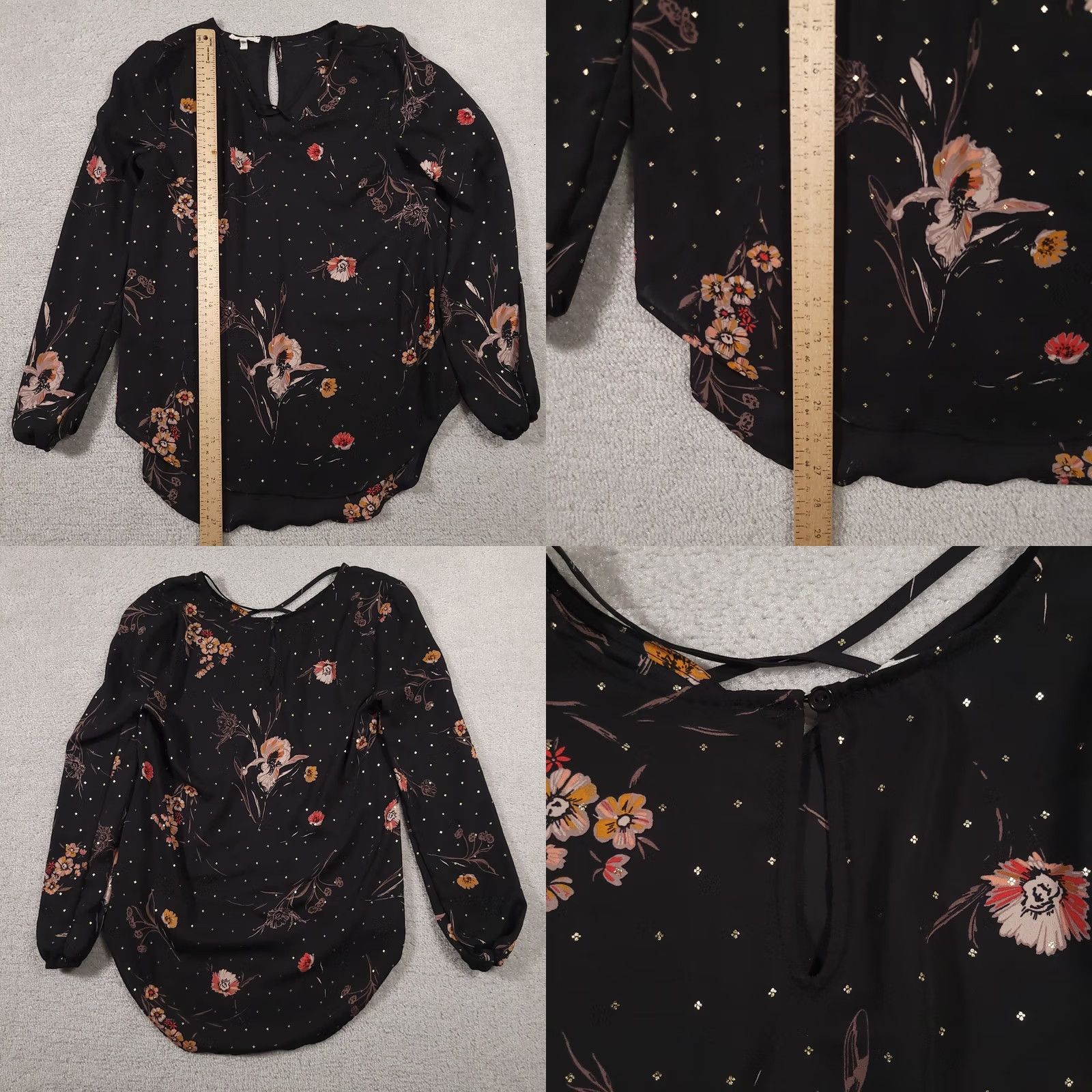 Vintage Maurices Women's XS Black Gold Floral Shirt Long Balloon Sleeves Shimmer Sheer Size XS / US 0-2 / IT 36-38 - 8 Thumbnail