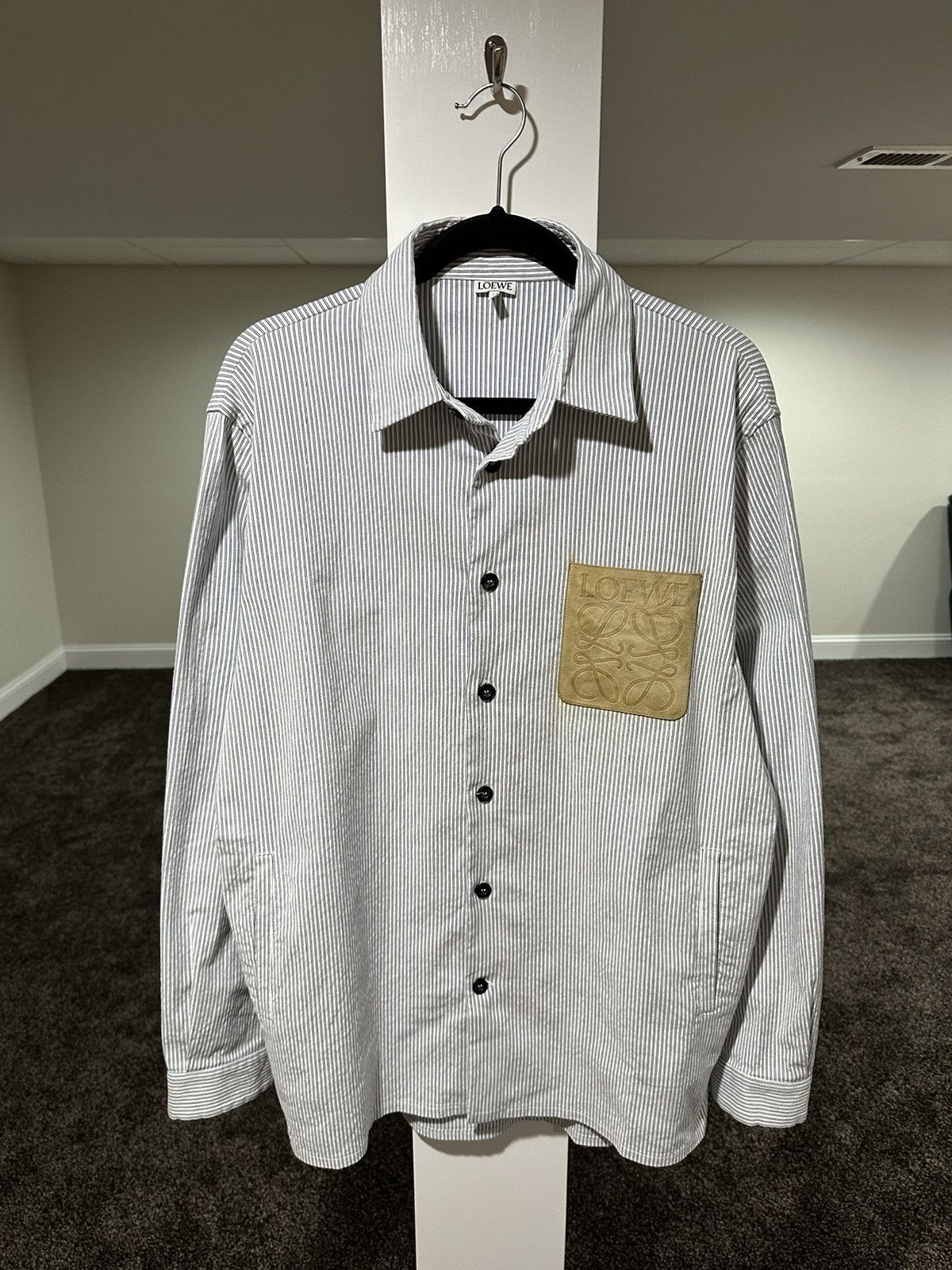 Loewe Oxford Striped Button Shirt Jacket Leather Patch Logo