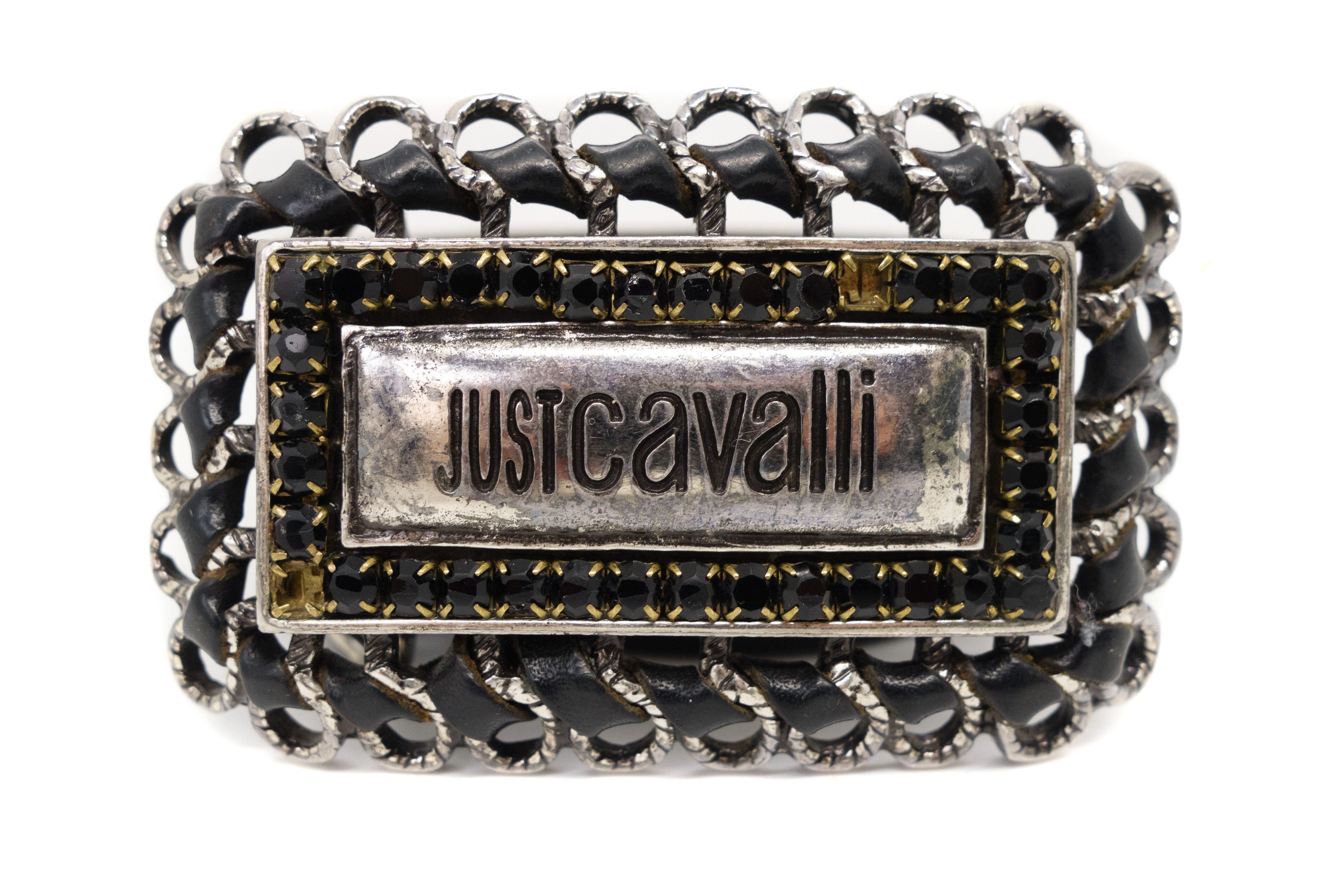 Just Cavalli Y2K Leather Crystal Encrusted Logo Plate Buckle Belt 00s Size ONE SIZE - 3 Thumbnail
