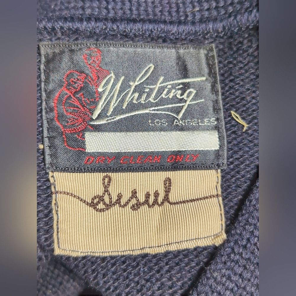 Other 1950s Whiting Los Angeles Navy Wool Cardigan Letter Sweater Size US XXL / EU 58 / 5 - 9 Thumbnail