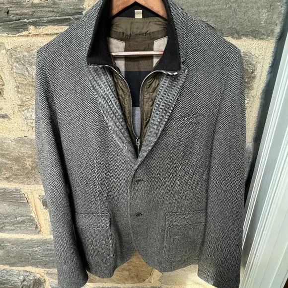 image of $1200 Burberry Brit Men’S Wool Herringbone Jacket Coat Large in Grey, Men's