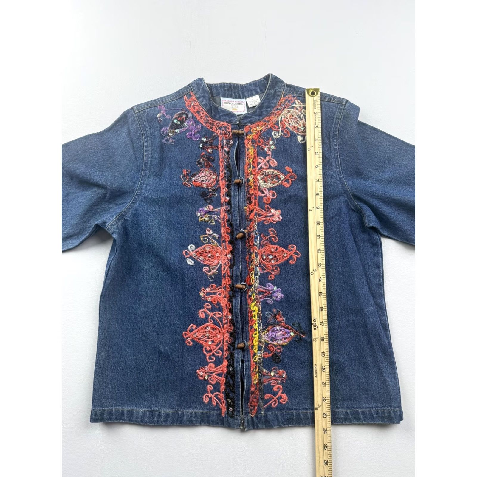 Vintage IKON CLOTHING Jacket Womens Large Blue Denim Embroidered Sequin Floral Boho Size L / US 10 / IT 46 - 4 Thumbnail