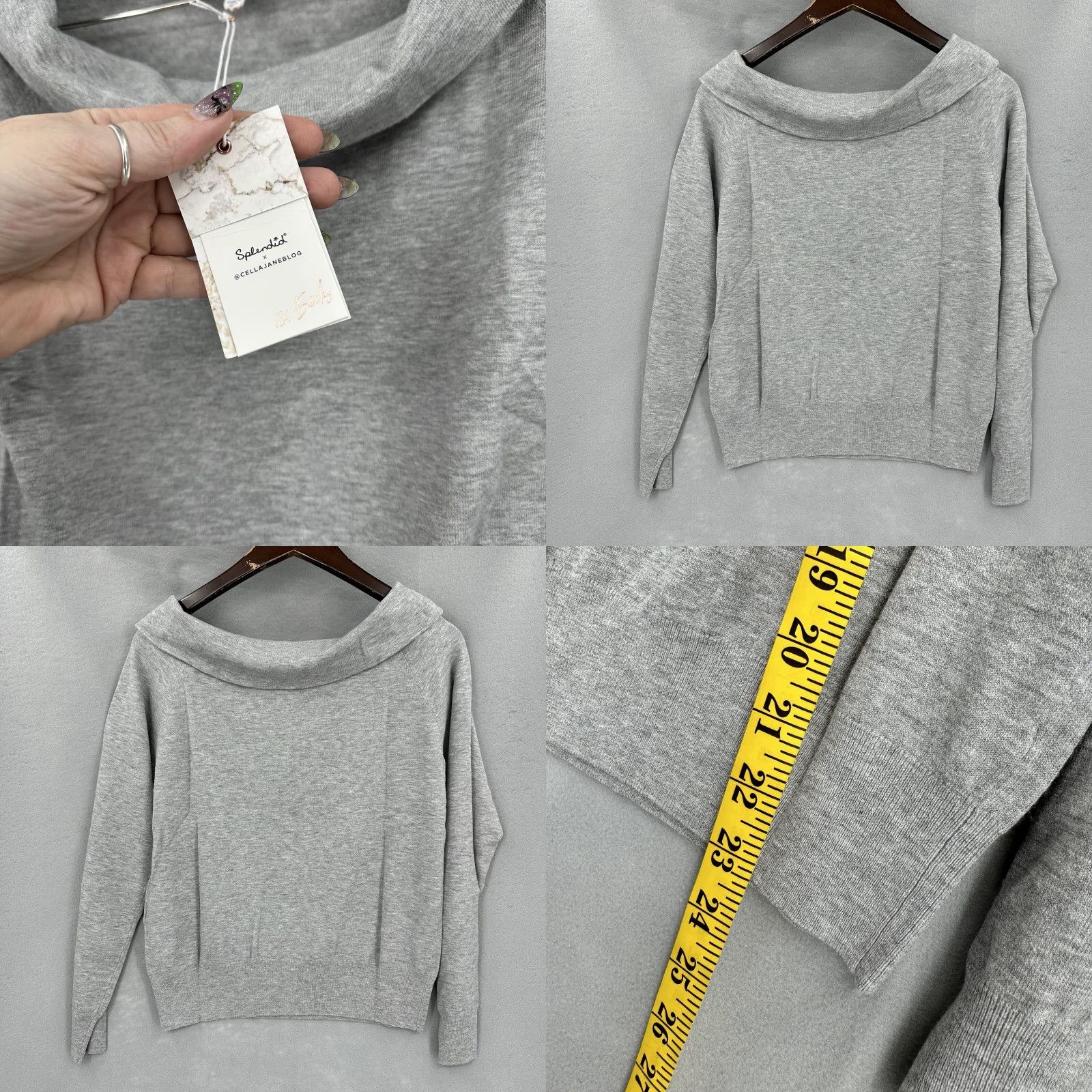 Splendid Splendid Women's Off the Shoulder Sweater, Large, Gray, Knit, Casual Blouse, Quiet Luxury, Long Sleeve Size L / US 10 / IT 46 - 8 Thumbnail