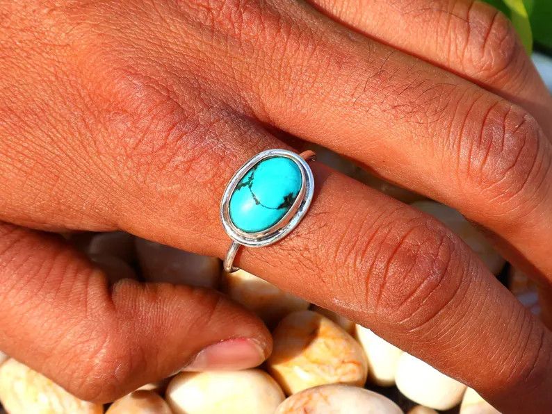 Handmade Turquoise Ring, Handmade Sterling Silver Green Gemstone Ring Size ONE SIZE - 6 Thumbnail