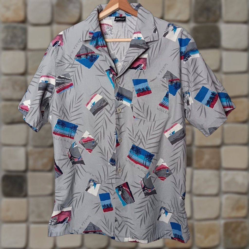 Jantzen VINTAGE Jantzen Hawaiian Shirt Smart 80s/90s Button-Up Short Sleeve Gray L Men Wailea Maui Aloha Beach Tropical Surfer Pattern Size US L / EU 52-54 / 3 - 1 Thumbnail
