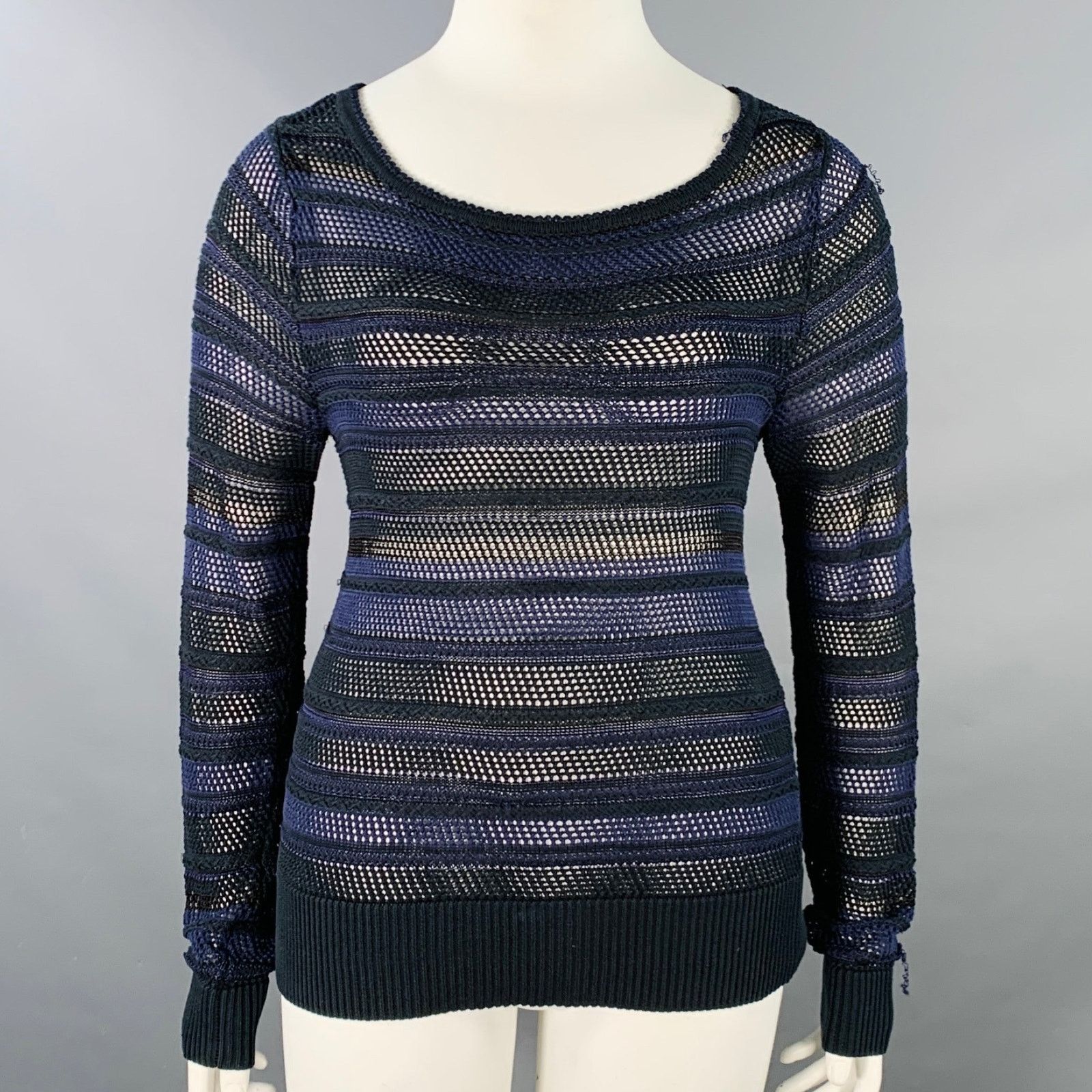 Rag & Bone L Navy Black Cotton Blend Textured Stripe Open Knit Pullover Size L / US 10 / IT 46 - 1 Thumbnail