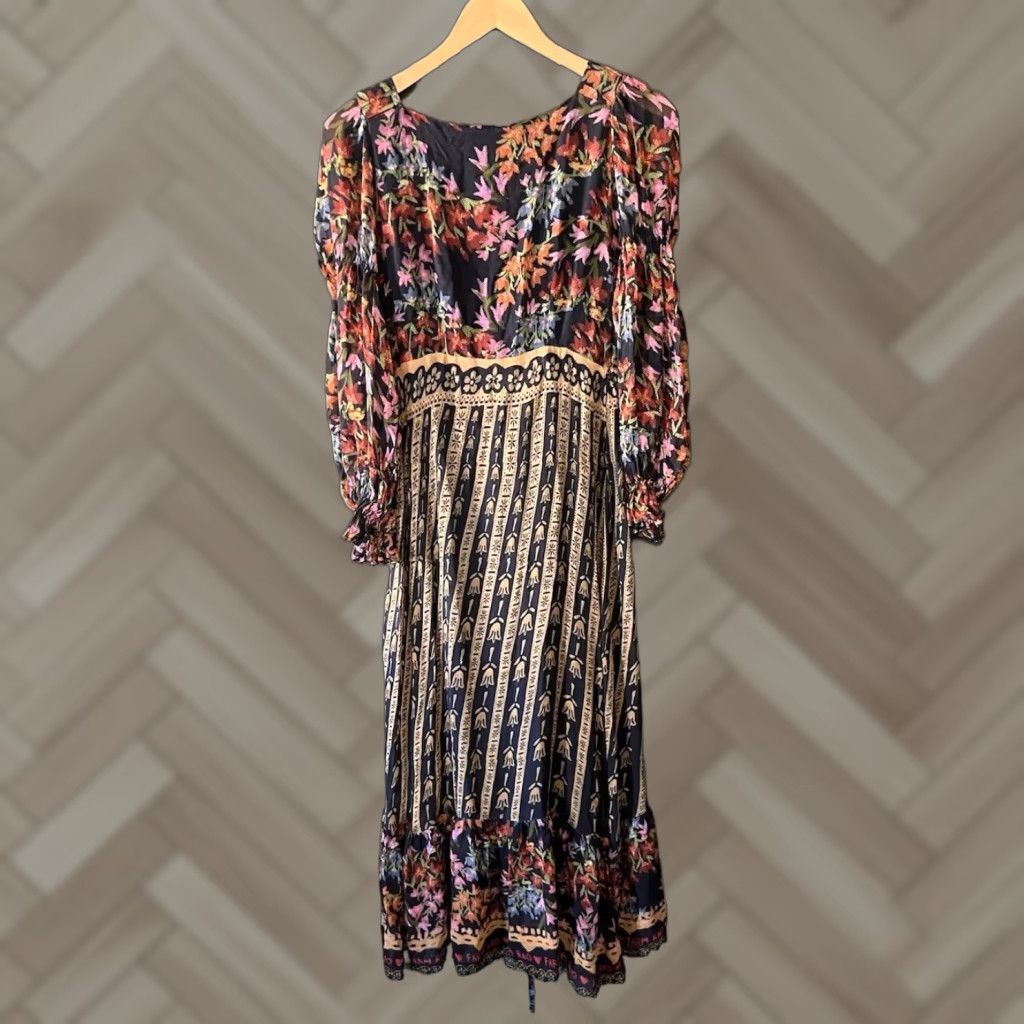 Farm Rio Dress Womens XS Multicolor Floral Maxi Side Slit V-Neck Puff Sleeve