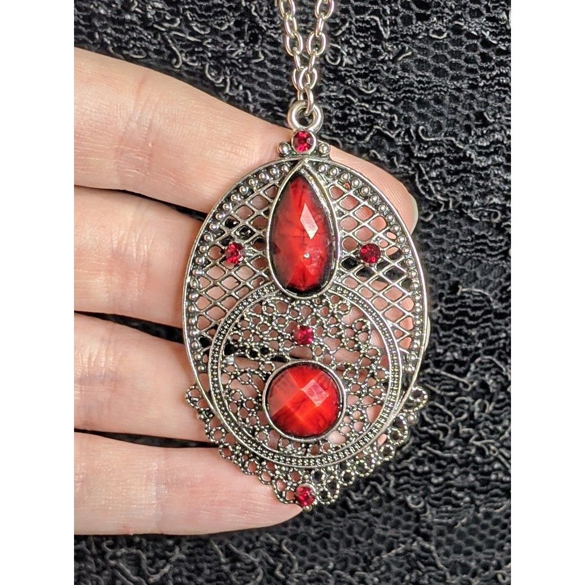 Other Gothic Oval Pendant Necklace With Red Faux Gemstones & Filig Size ONE SIZE - 2 Thumbnail