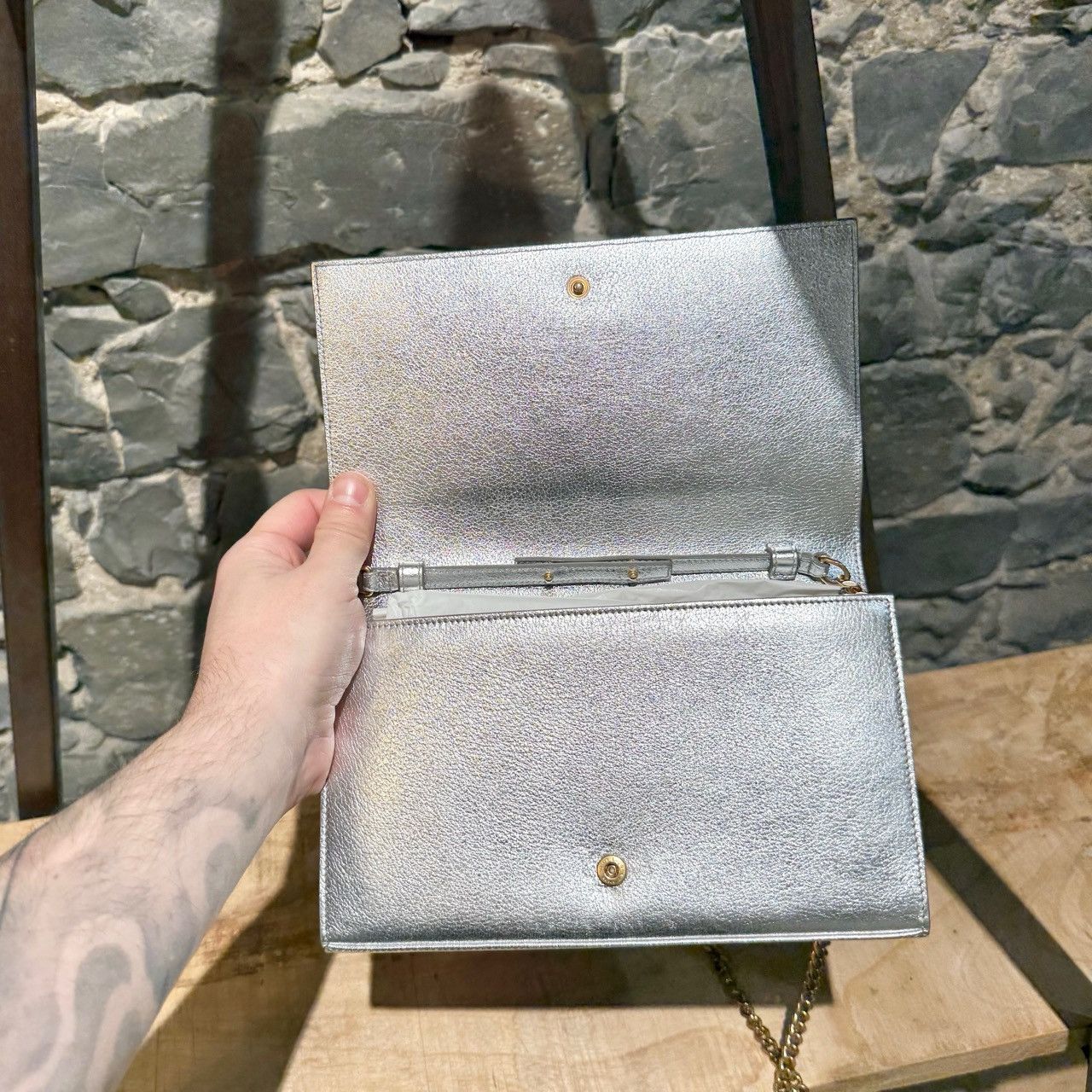 Saint Laurent Paris Saint Laurent Silver Metallic Kate Monogram On Chain Clutch Size ONE SIZE - 14 Thumbnail