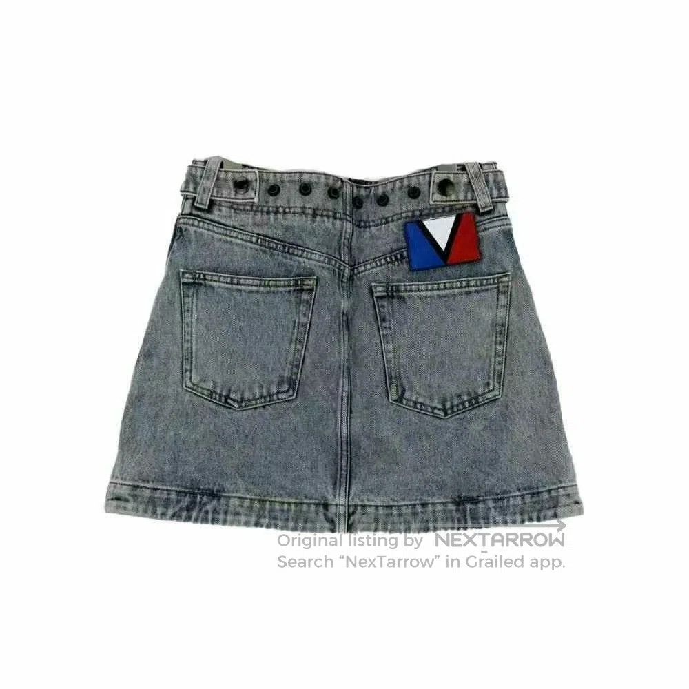 Louis Vuitton denim mini skirt with leather label. Size 35" - 2 Thumbnail