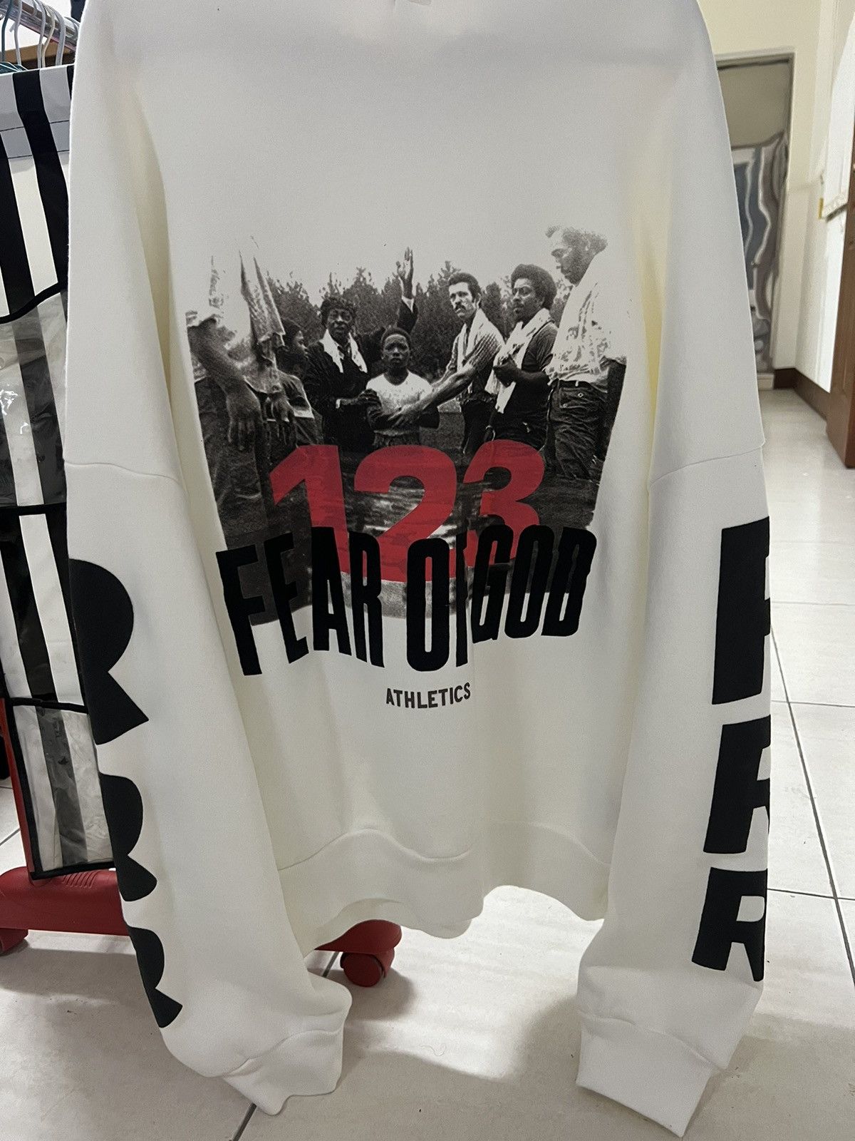 image of Fear Of God X Rrr123 Stop Running Oversized Hoodie in White, Men's (Size Small)