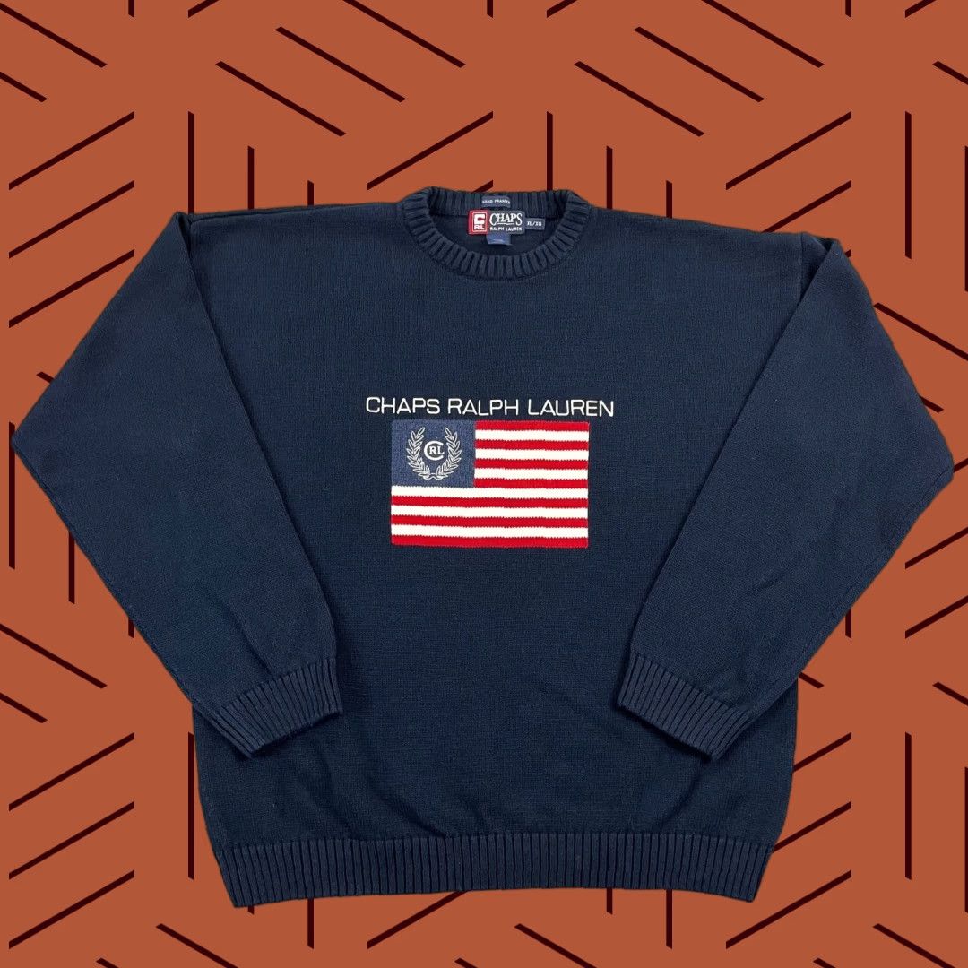 Chaps VINTAGE CHAPS RALPH LAUREN Sweater Mens Extra Large Blue USA Flag Hand Knit Pullover Y2K Size US XL / EU 56 / 4 - 1 Thumbnail