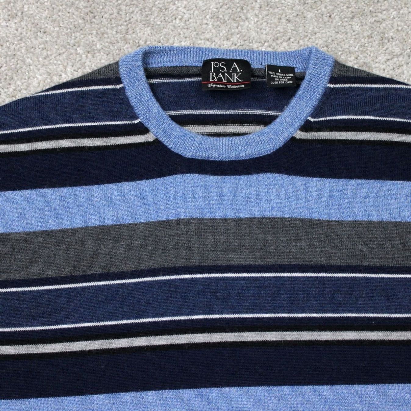 Jos. A. Bank Jos. A. Bank Sweater Men Large Blue Striped 100% Merino Wool Crewneck L/S Pullover Size US L / EU 52-54 / 3 - 3 Thumbnail