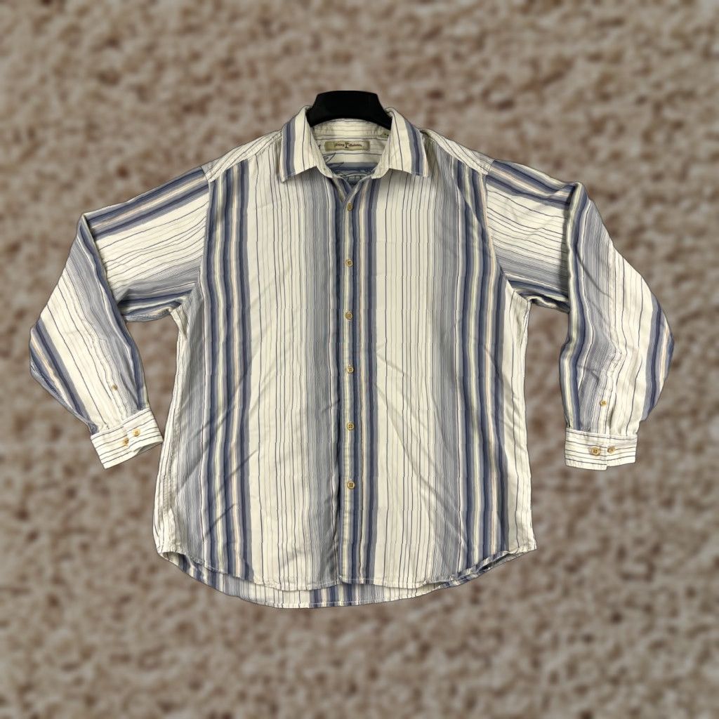 Tommy Bahama Tommy Bahama Shirt Mens Large Beige Blue Stripe Button Up Hawaiian 100% Silk Size US L / EU 52-54 / 3 - 1 Thumbnail