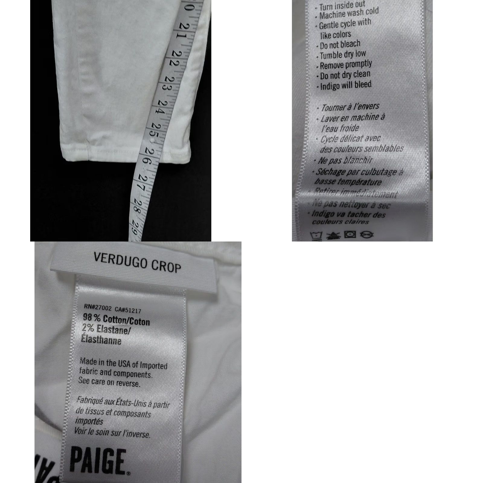 Paige PAIGE Verdugo Crop Jeans White Slim Women 27 Solid Denim Cotton Blend Stretch Skinny Color White 27 Womens Size 27" / US 4 / IT 40 - 9 Thumbnail
