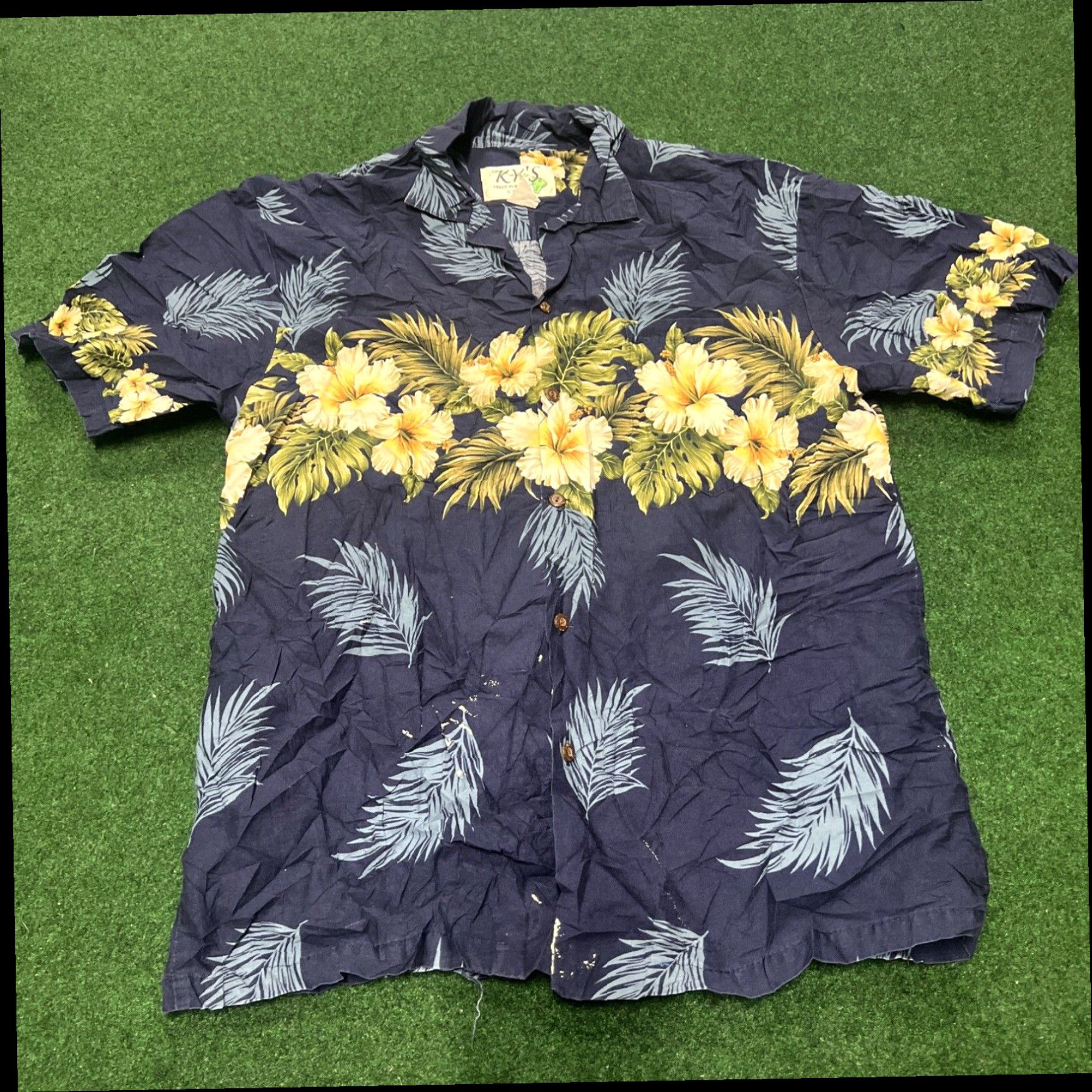 Vintage VTG KYs Hawaiian Shirt Mens Large Blue Hibiscus Palm Tree Print Camp Collar USA Size US L / EU 52-54 / 3 - 1 Thumbnail