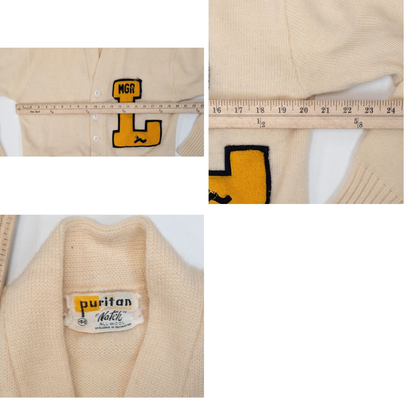 Vintage VINTAGE Puritan True VTG Letterman 60s High School Varsity Wool Cardigan M Ivory Patchwork Knit Wool Crew Neck Long Sleeve Size M / US 6-8 / IT 42-44 - 8 Thumbnail