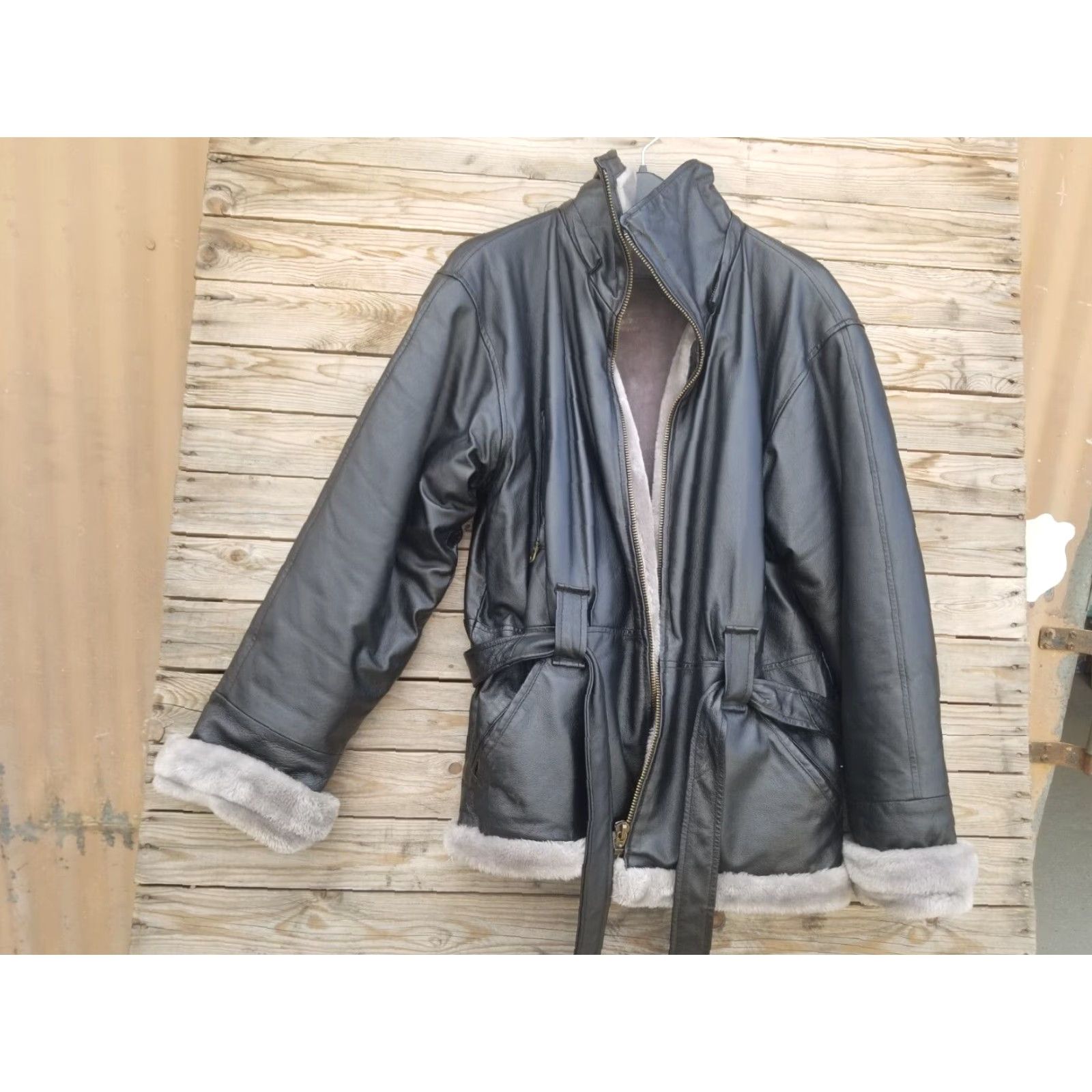 Vintage VINTAGE Wilda Leather Coat Jacket Black Gray Faux Fur Lined Zip Front Belted Collared Mid-Length Womens S Coat & Jacket Mix City Classic Size S / US 4 / IT 40 - 2 Thumbnail