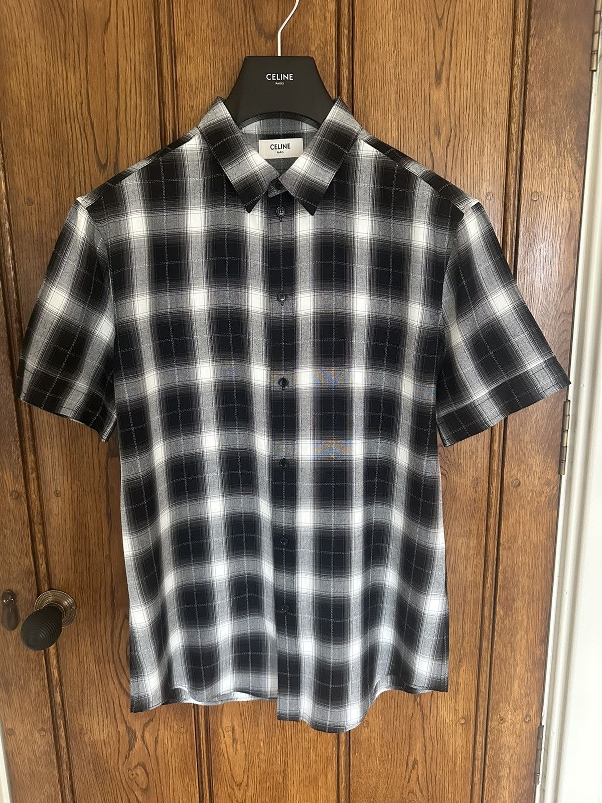 image of Ss19 Celine Short Sleeve Flannel Black White Hedi Slimane L, Men's (Size Large)