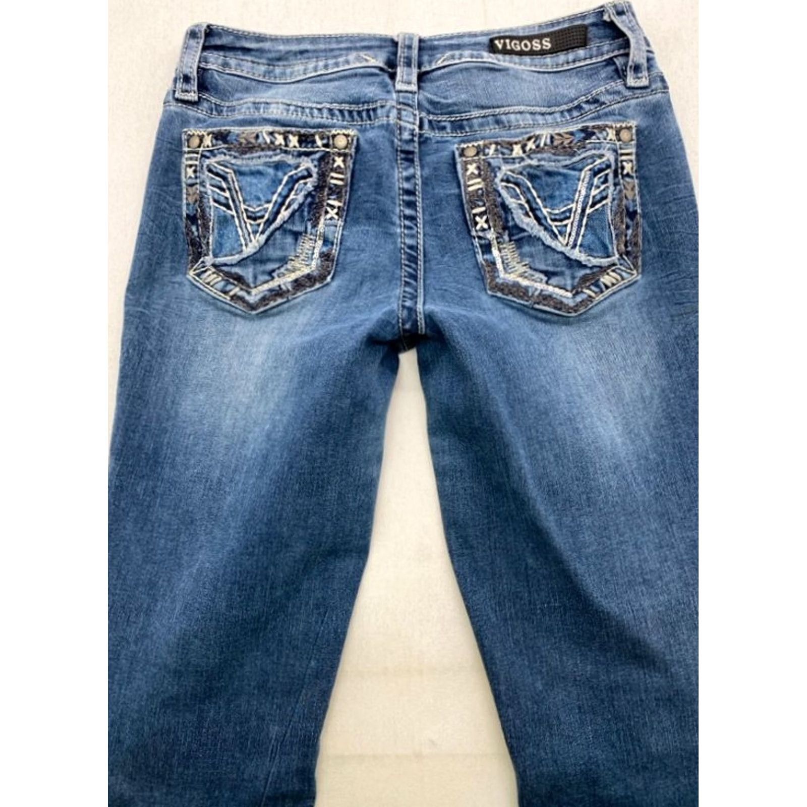 Vintage VIGOSS Womens Denim Jeans Skinny 2 27x29 Blue Solid Distressed Pockets Stretch Embroidered Sequin 5-Pocket Regular Womens Size 26" / US 2 / IT 38 - 6 Thumbnail