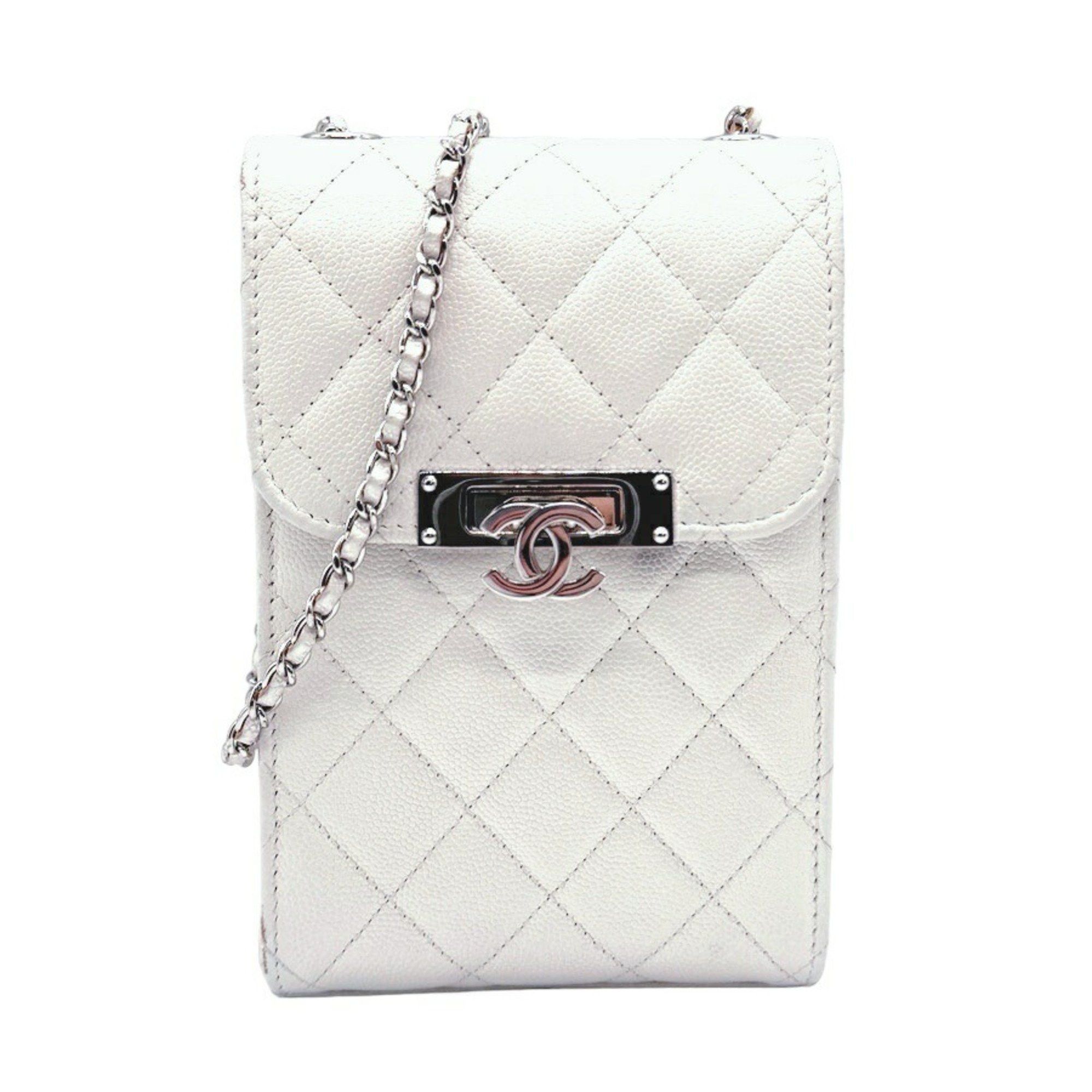 image of Chanel Crossbody Shoulder Bag Smartphone Case Phone Pouch Matelasse Coco Mark Caviar Skin Leather O