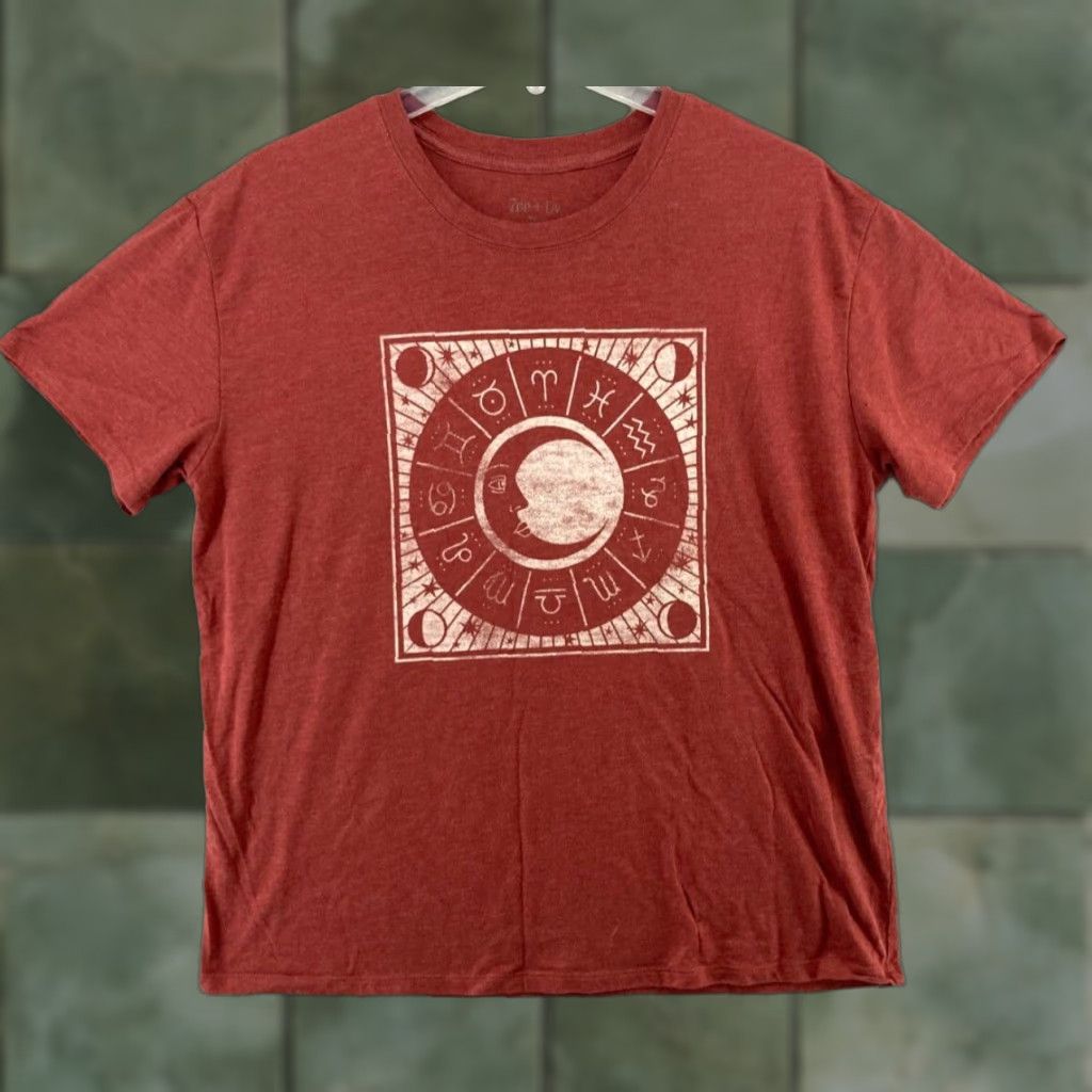 Vintage Zoe Liv Womens TShirt XL Red Zodiac Boho Celestial Moon Graphic Print Crew Neck Short Sleeve Casual Jersey Cotton Vintage No Size XL / US 12-14 / IT 48-50 - 1 Thumbnail