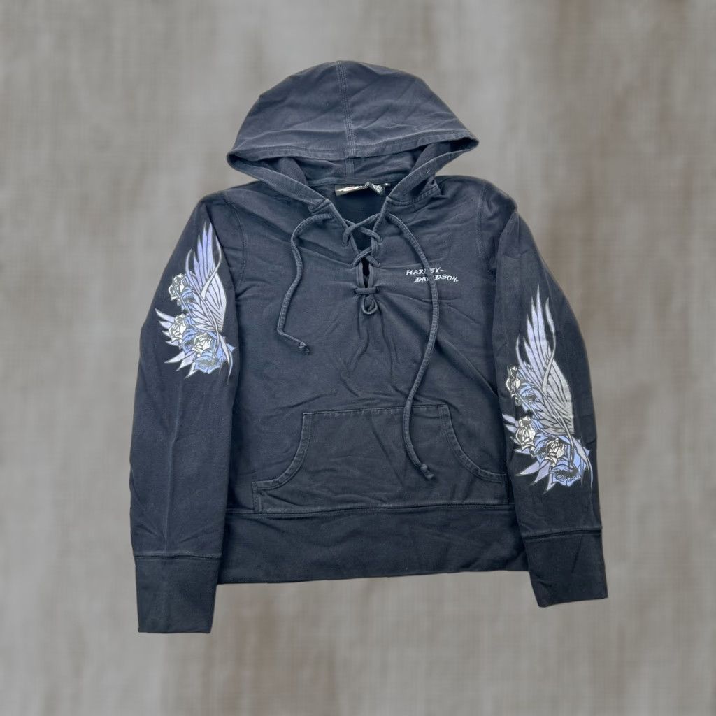 Harley Davidson VINTAGE Harley-Davidson Hoodie Women Large L Black Henley Lace-up Sleeve Wing Rose Grunge 90s Hit Size L / US 10 / IT 46 - 1 Thumbnail