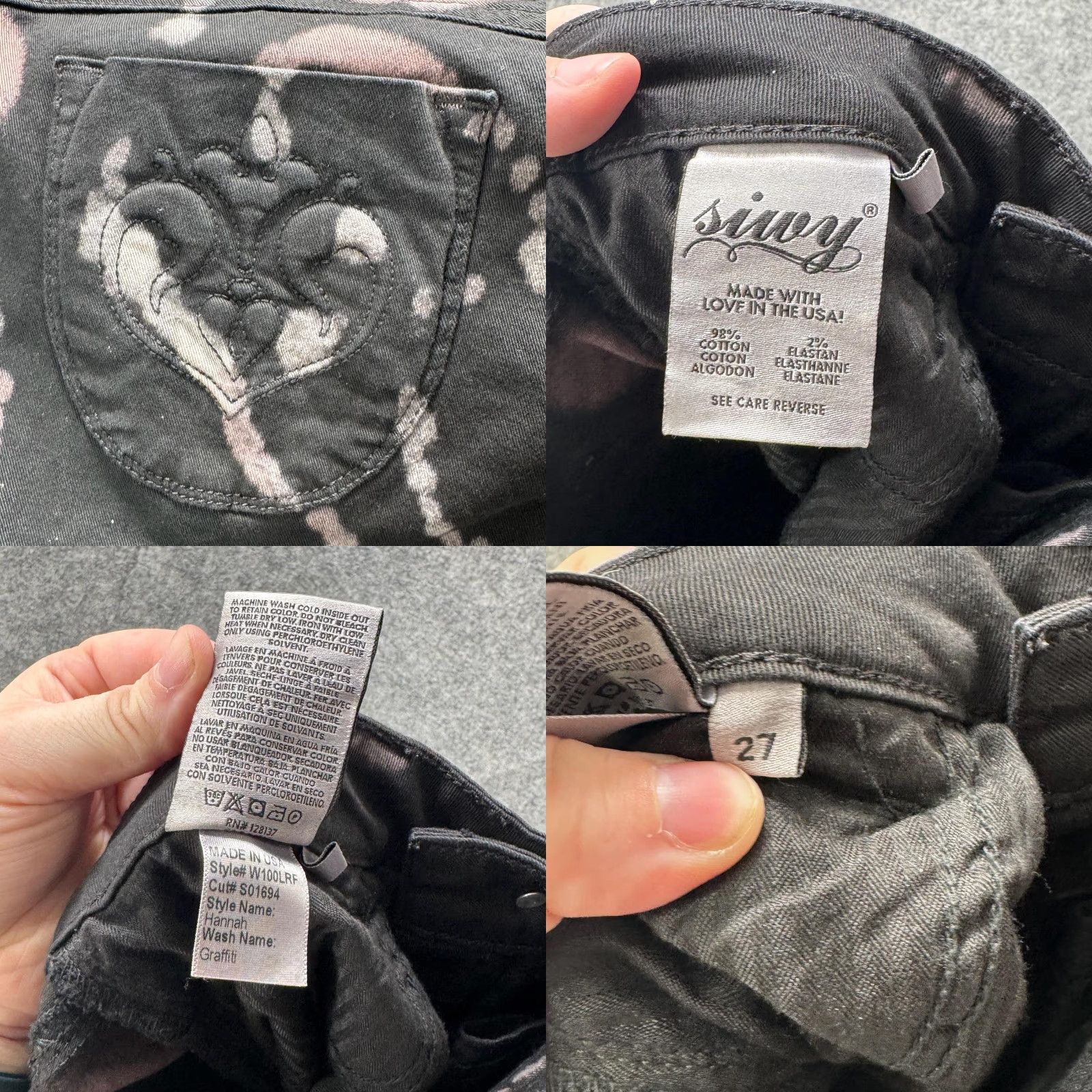 Vintage Siwy Jeans Womens 27 Black Hannah Graffiti Skinny Low Rise Stretch Denim USA Size 27" / US 4 / IT 40 - 9 Thumbnail
