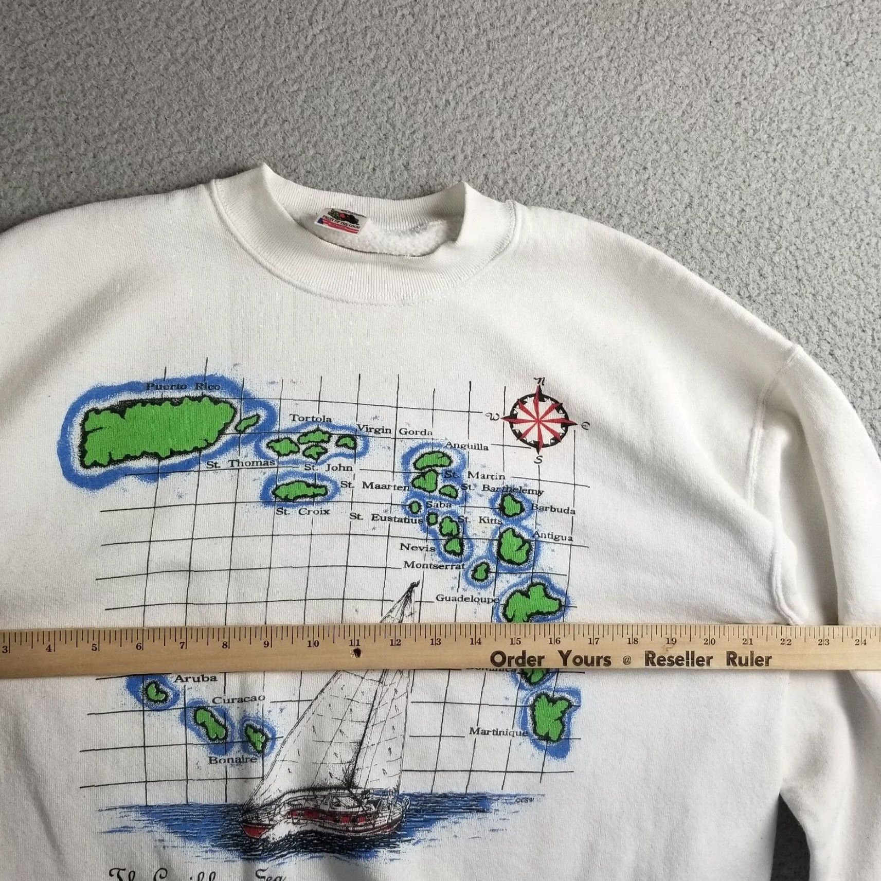 Fruit Of The Loom Vintage Fruit of the Loom Sailboat Sweatshirt Women Large White Caribbean Sea Map Crewneck Pullover Casual Activewear Size L / US 10 / IT 46 - 6 Thumbnail