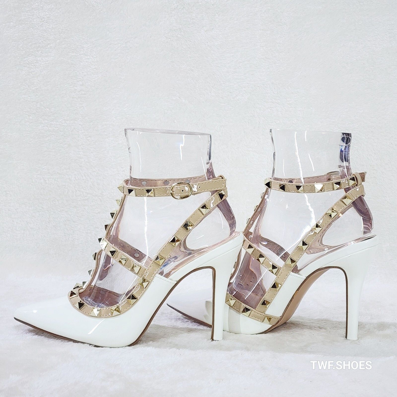 Other Caged White Patent Studded Strappy Stiletto High Heel Shoes Size US 9 / IT 39 - 4 Thumbnail