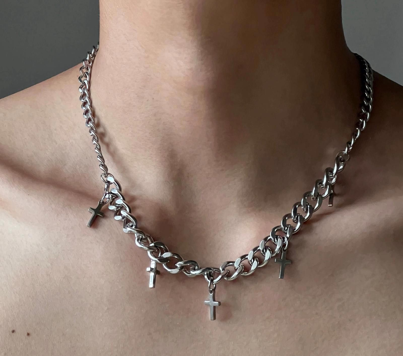 Jewelry Silver Chain Necklace with Cross Charms Size ONE SIZE - 2 Thumbnail