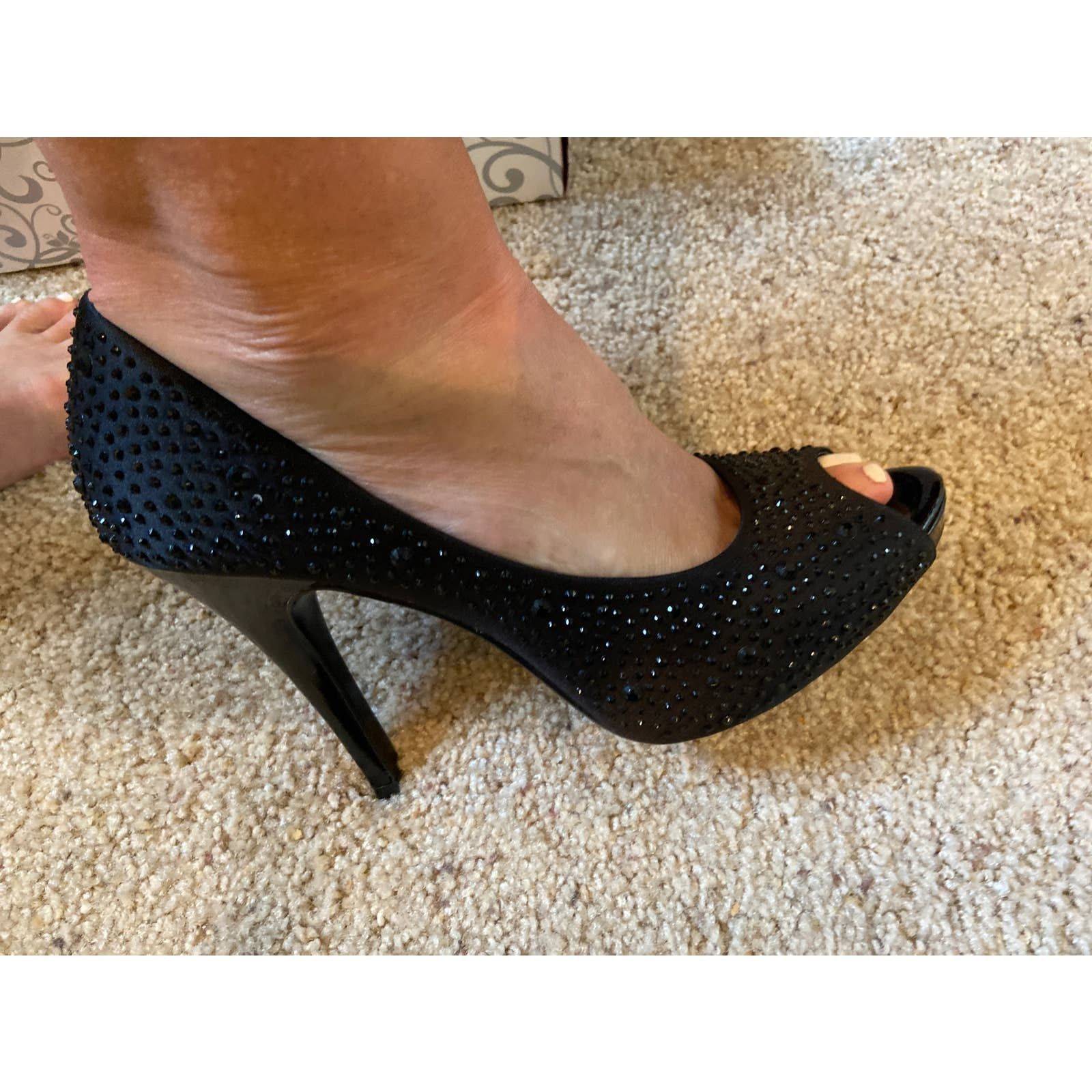 Other Lulu Townsend Black Satin Rhinestone Peep Toe Heels Size 9.5 Size US 9.5 / IT 39.5 - 4 Thumbnail