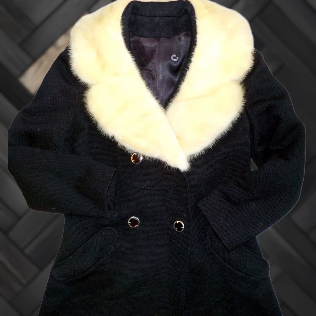Vintage VTG Jackie O Stroller Coat Black Wool Mink Trimmed Double Breasted Size:2-4? Small Womens Jacket/Coat 3/4 Sleeve Knee Length Retro 50-60s Vintage Size XS / US 0-2 / IT 36-38 - 1 Thumbnail
