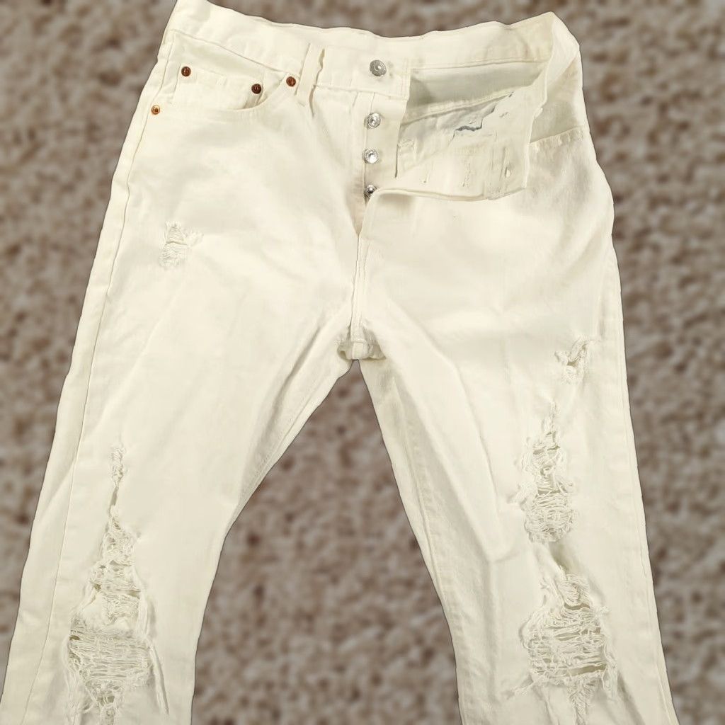 Levi's Levis 501 Jeans Womens 30x32 White Distressed Button Fringe Raw Hem Straight Fit Size 30" / US 8 / IT 44 - 1 Thumbnail