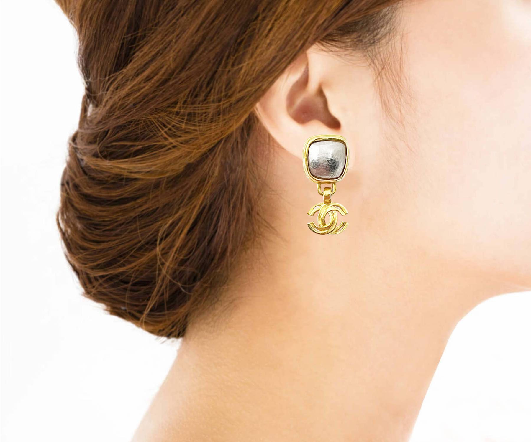 Chanel Gold Plated Square Silver Stone CC Clip on Earrings