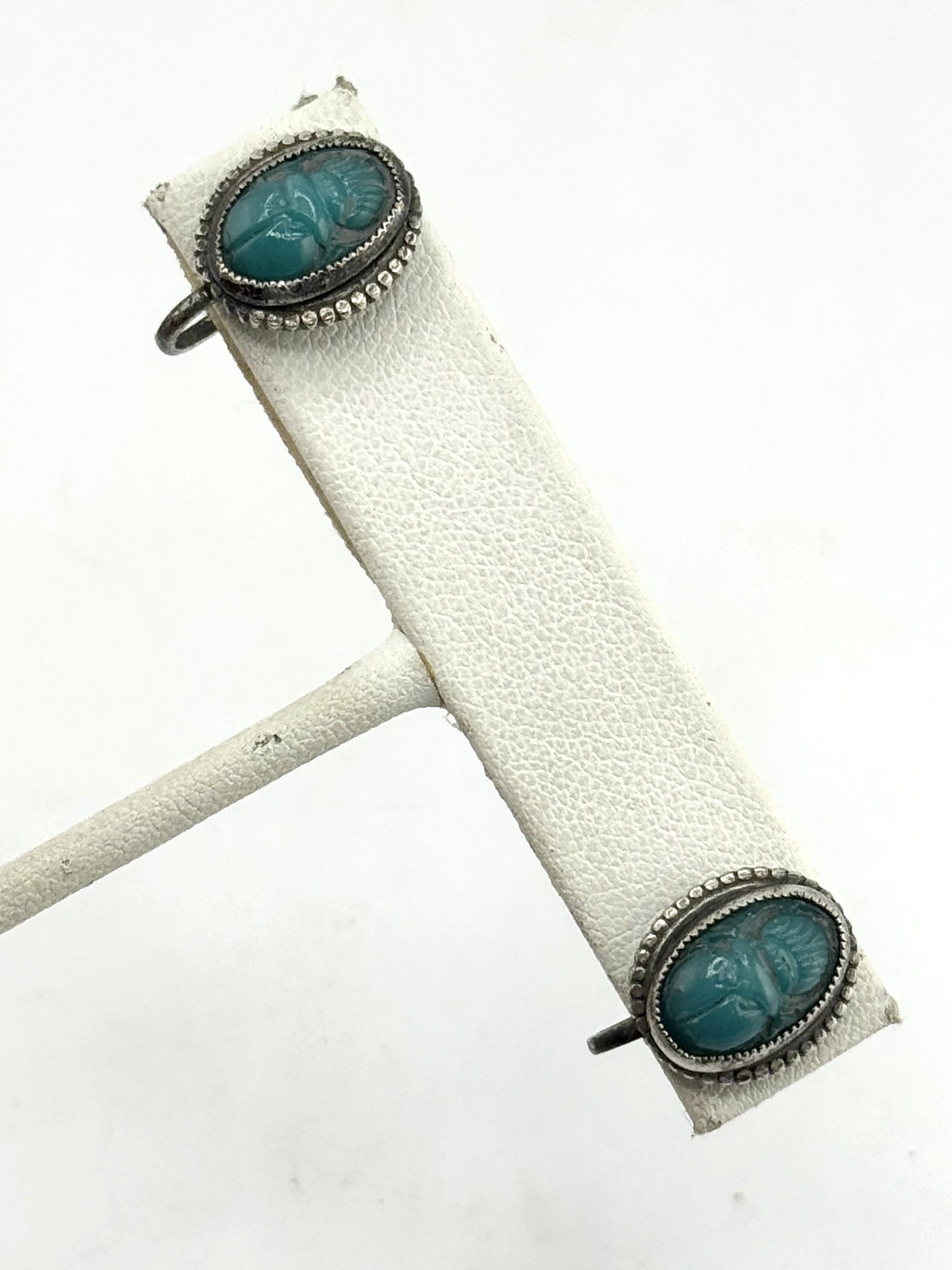Vintage blue glass scarab screwback earrings